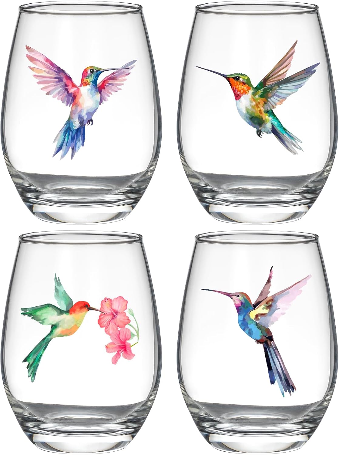 Hummingbird Stemless Wine Glasses Set of 4, Hummingbird Lovers Gifts for Women, Bird and Outdoor Lovers, 15oz Wine Glasses Gifts for Women, Floral Garden Lovers, Forest Birds Hummingbird Decor