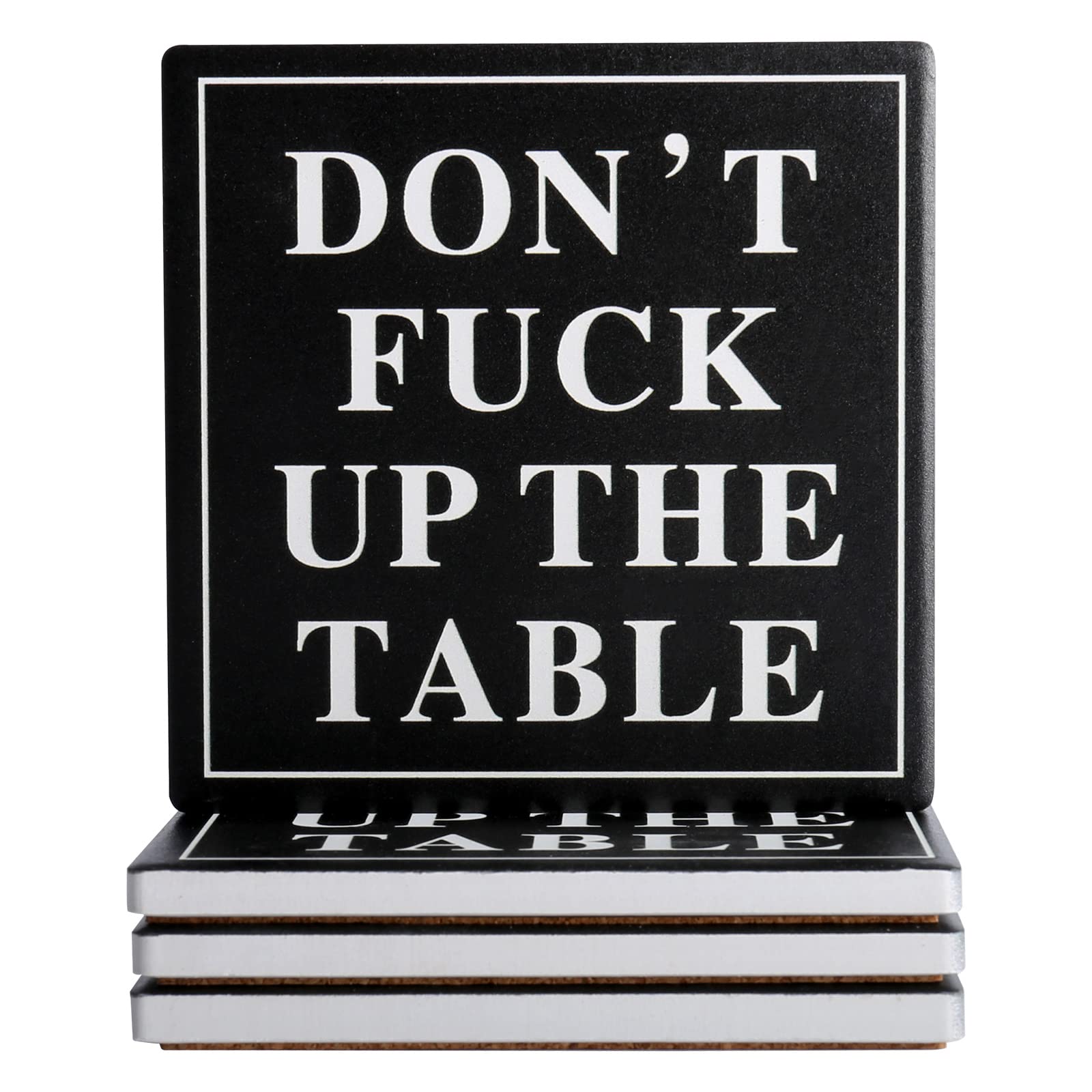 Funny Drink Coasters Ceramic Absorbent Coasters, Don't up The Table Unique Stone Drink Coaster with Cork Back for Coffee Table, Living Room, Family and Friends (Round-White, 6)