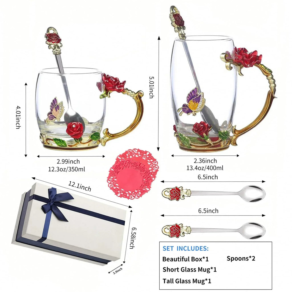 Tea Cup Glass Coffee Mugs,Fancy Tea Cup Set Birthday Christmas Valentine's Day Gift Idea for Tea Lover and Women Novelty Coffee Mugs Rose Flower Enamel Tea Cup Glass Mug with Spoon Set - Unique Gift Market