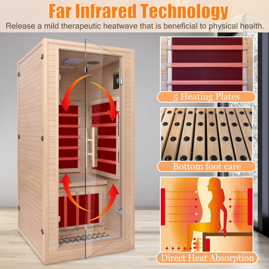 Far Infrared Sauna for 1 Person - 1050W Fast Heating, Canadian Hemlock Wood Home Sauna with Bluetooth Speaker, Chromotherapy & Oxygen Ionizer Easy Assembly Indoor Sauna for Relaxation, Detox, Home Gym