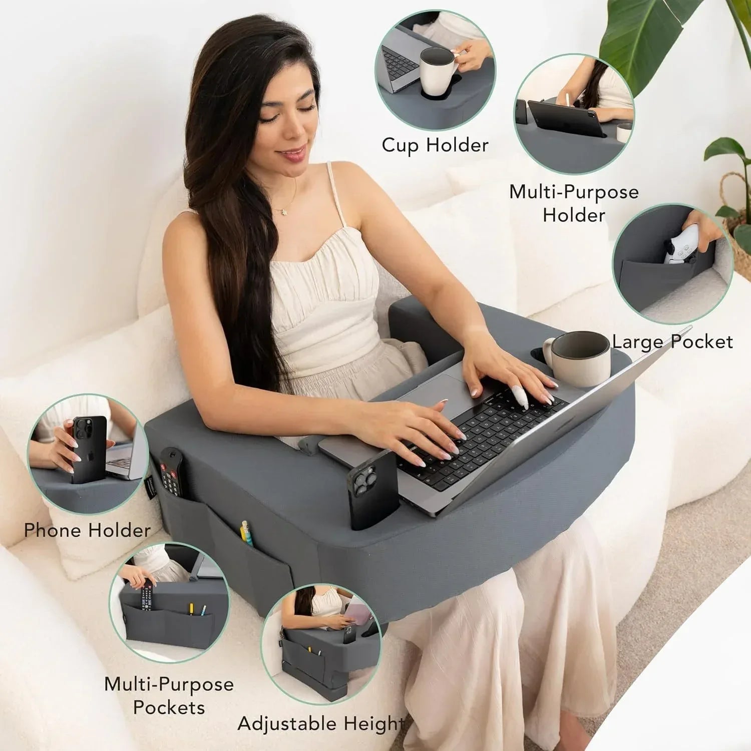 Reading Pillow for Gaming – Extra Large Lap Desk & Arm Rest with Cup & Phone Holder, Adjustable Heights, Laptop Support, Large Pockets – Comfortable for Work, Gaming & Crocheting (Furry Grey) - Unique Gift Market
