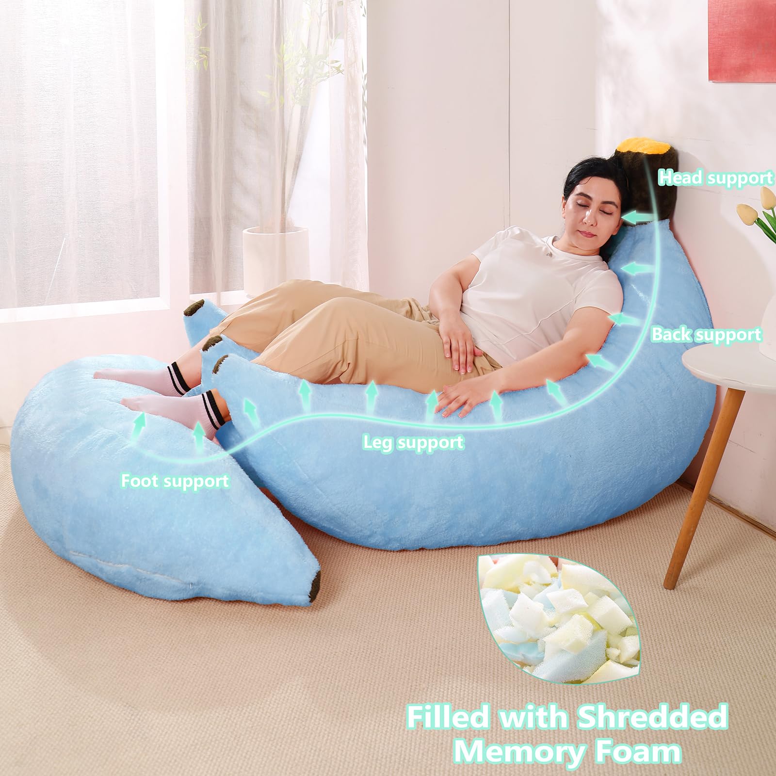 Banana Bean Bag Chair with Ottoman, Floor Sofa Bed with Footrest, Comfy Convertible Lounger for Teens & Adults, Plush Couch for Bedroom, Living Room or Dorm, M-Yellow