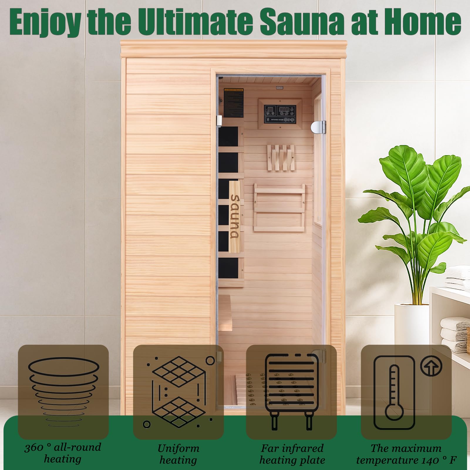 Far Infrared Sauna for 1 Person - 1050W Fast Heating, Canadian Hemlock Wood Home Sauna with Bluetooth Speaker, Chromotherapy & Oxygen Ionizer Easy Assembly Indoor Sauna for Relaxation, Detox, Home Gym