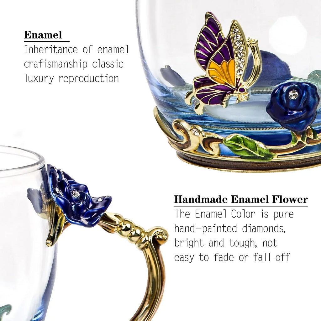 Tea Cup Glass Coffee Mugs,Fancy Tea Cup Set Birthday Christmas Valentine's Day Gift Idea for Tea Lover and Women Novelty Coffee Mugs Rose Flower Enamel Tea Cup Glass Mug with Spoon Set - Unique Gift Market