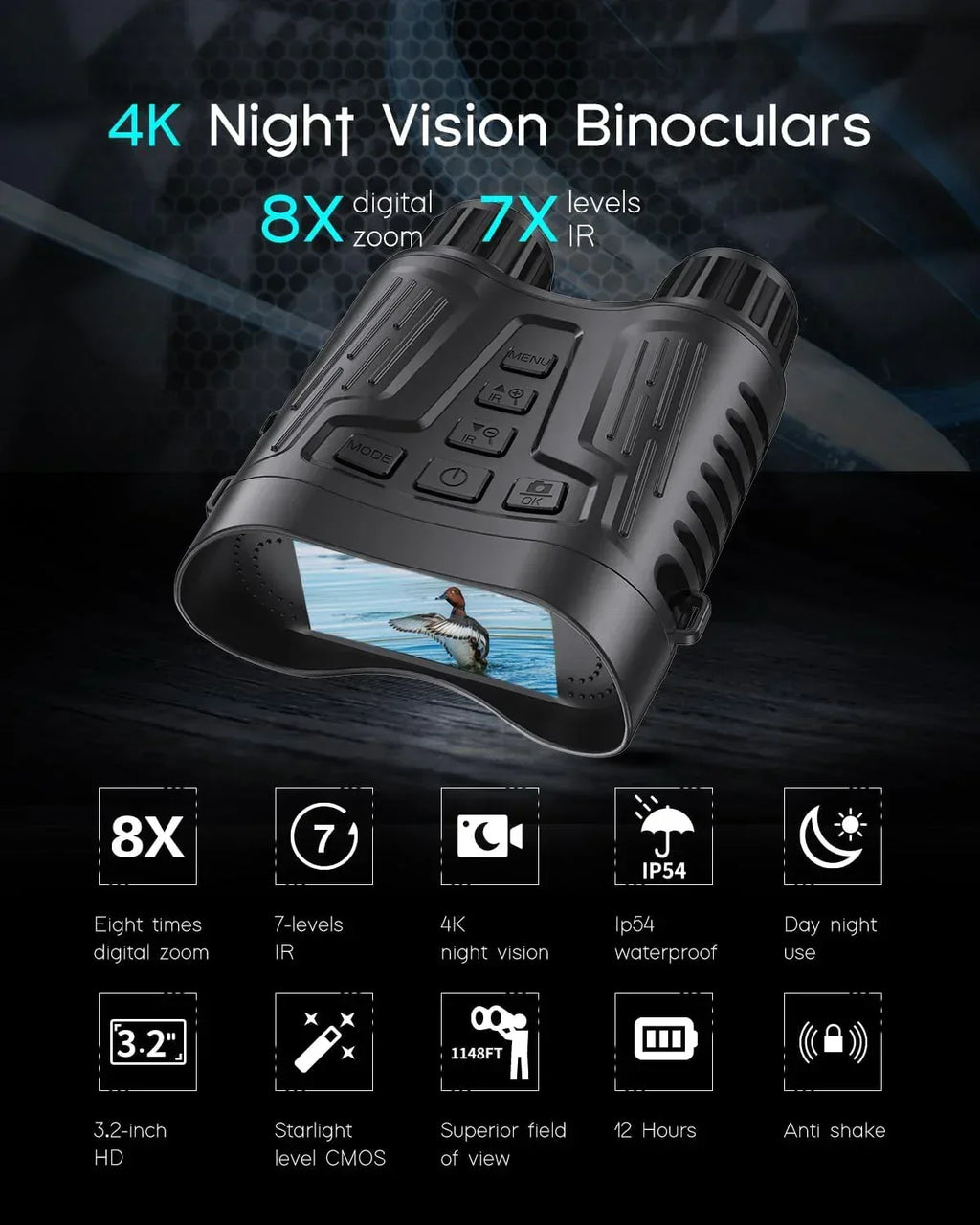 4K Night Vision Binoculars with Video Recording for Men, Gifts for Dad & Husband, 3.2" HD Display, 8X Zoom, 32GB Card, for Valentine’s Day, Birthday, Outdoor Camping and Wildlife Observation - Unique Gift Market