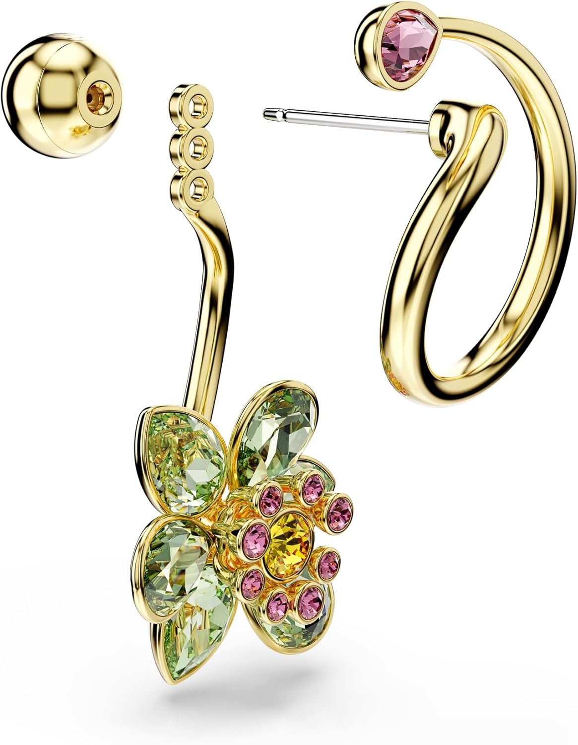 Swarovski Idyllia drop earrings, Asymmetrical design, Mixed cuts, Flower, Multicolored, Gold-tone finish