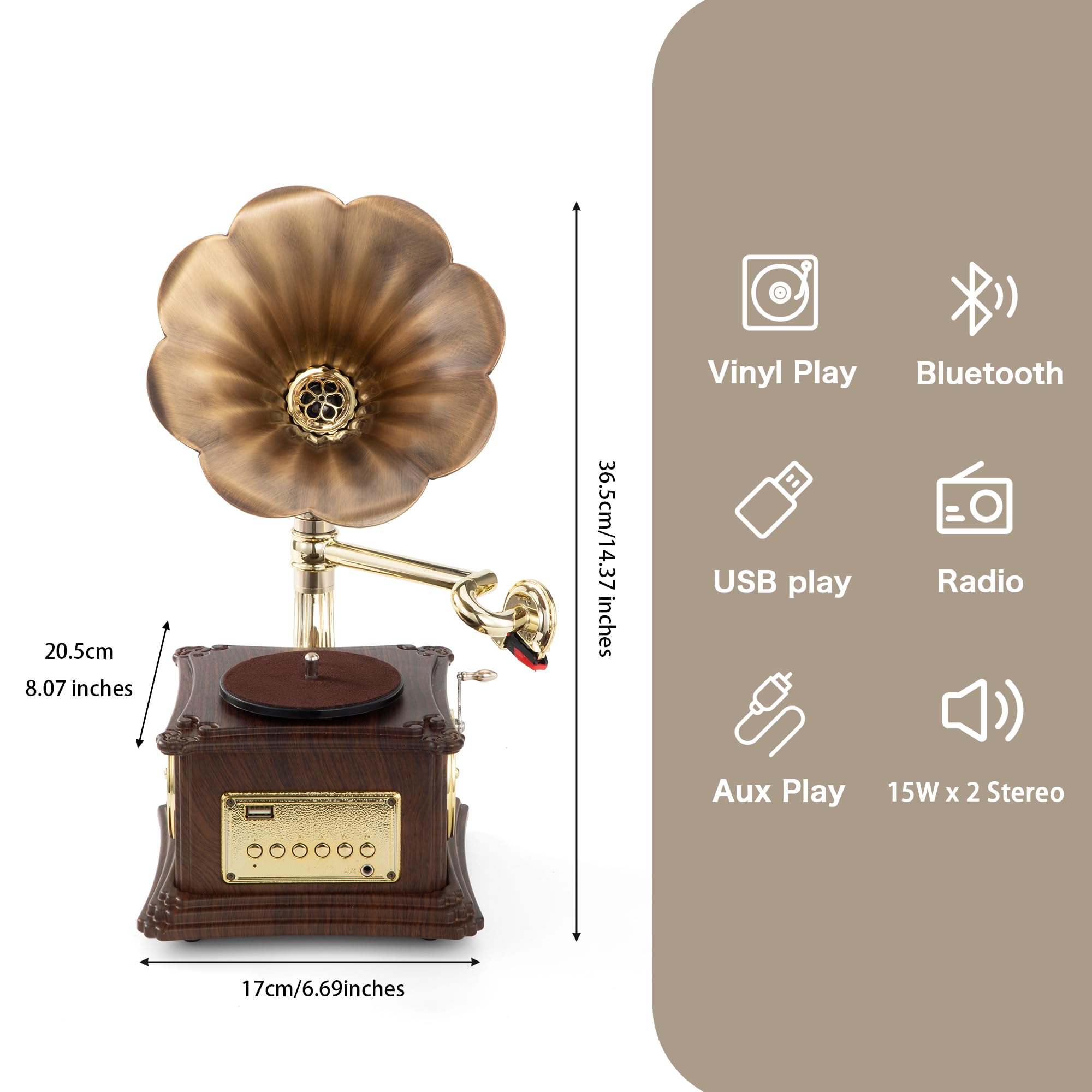 Mini Gramophone Vintage Copper Horn Record Player with Bluetooth, USB, AUX, FM Radio and Built-in Speakers for Gift Home Decor