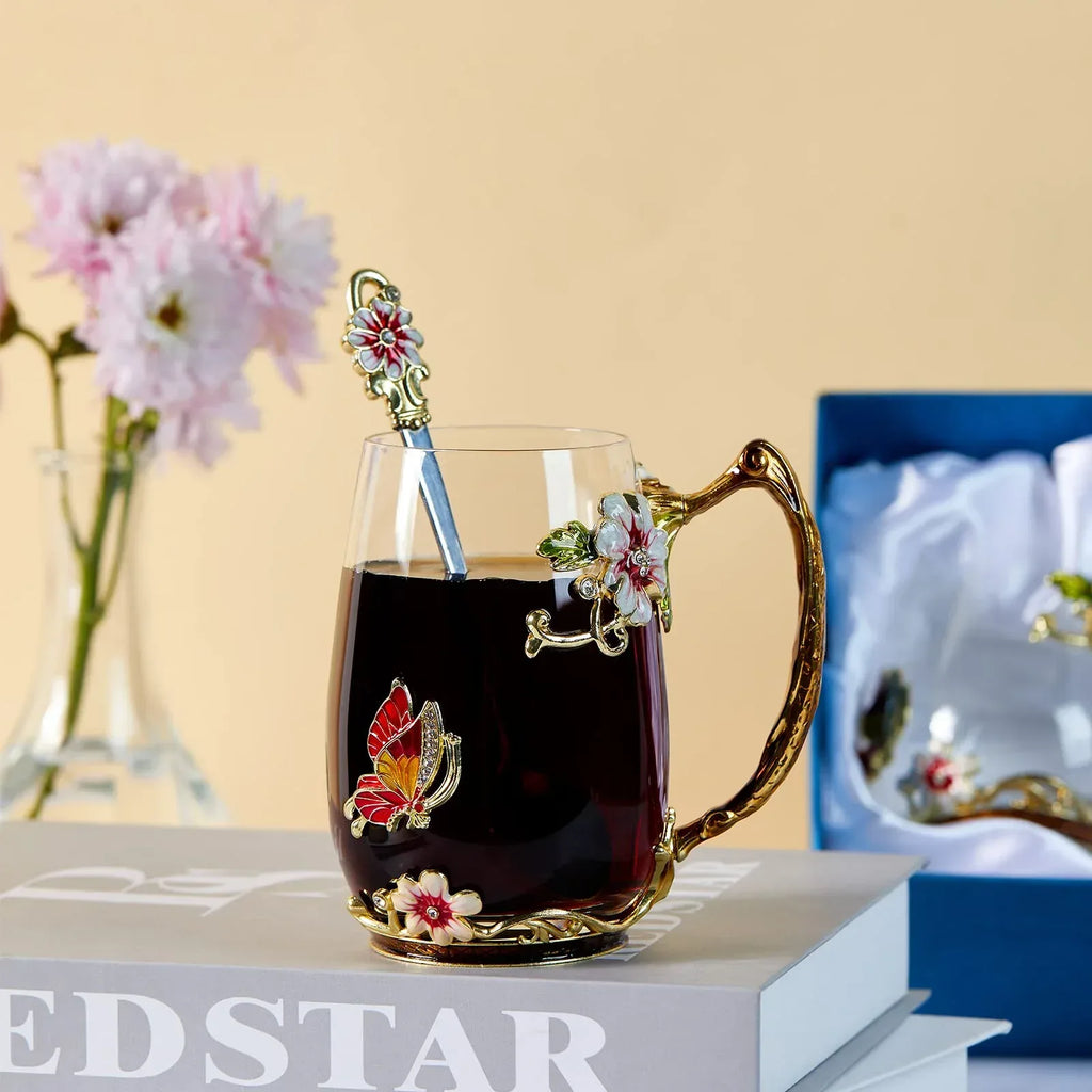 Tea Cup Glass Coffee Mugs,Fancy Tea Cup Set Birthday Christmas Valentine's Day Gift Idea for Tea Lover and Women Novelty Coffee Mugs Rose Flower Enamel Tea Cup Glass Mug with Spoon Set - Unique Gift Market