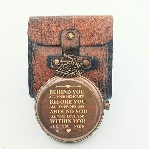 Behind You Engraved Brass Compass Gift for Men - Handcrafted Vintage Brass Sundial Compass – Antique Nautical Sun Clock with Leather Case - Best Graduation Gift - Best College Graduation Gift - Unique Gift Market