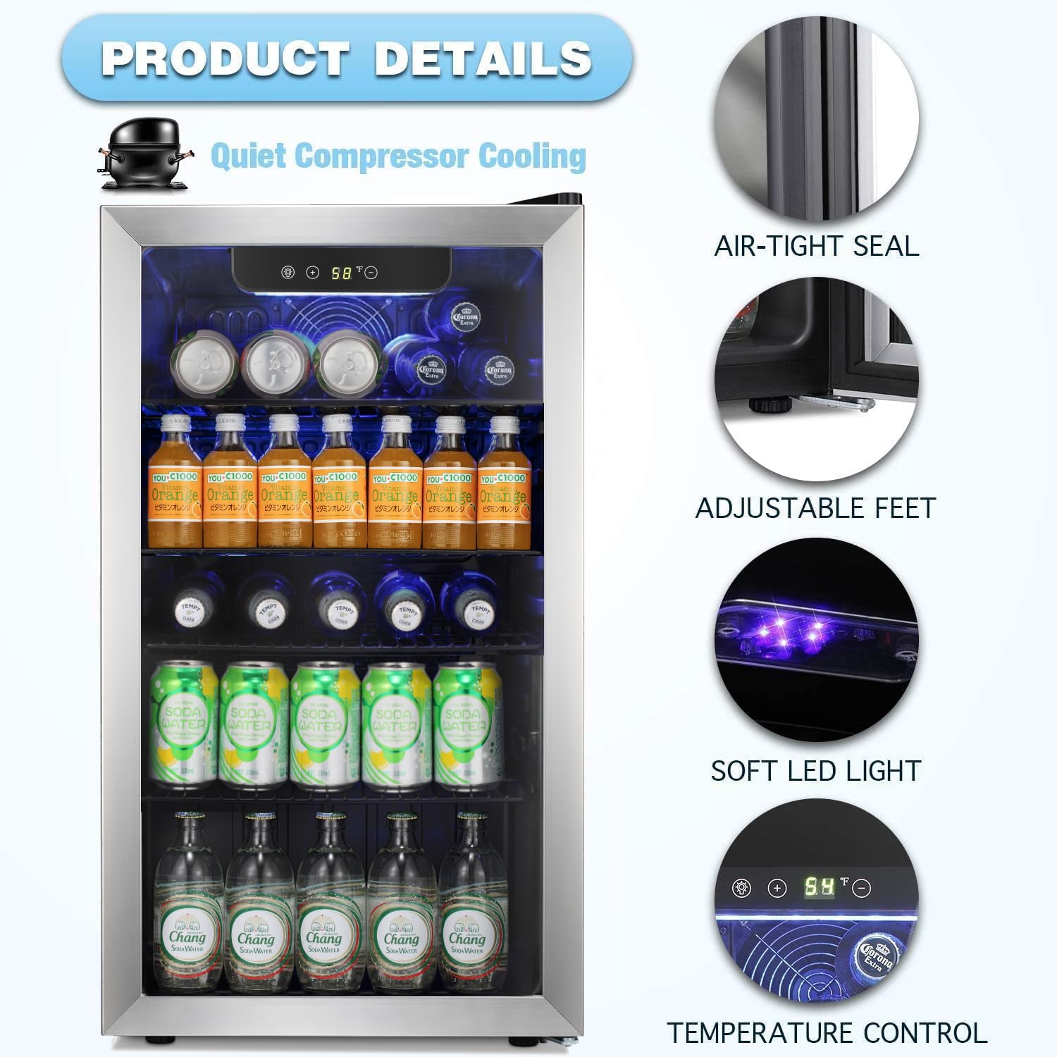 Antarctic Star 18L Beverage Refrigerator Cooler 24Can, Mini Fridge with Quiet Compressor, LED Light,Freestanding Small Fridge with Electronic Temperature Control for Home and Bar(40-61 ℉)