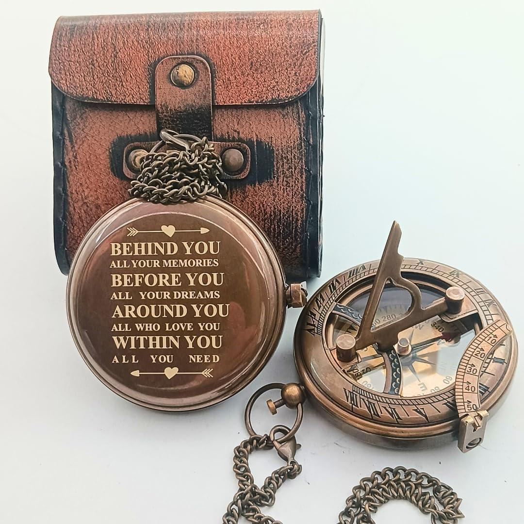 Behind You Engraved Brass Compass Gift for Men - Handcrafted Vintage Brass Sundial Compass – Antique Nautical Sun Clock with Leather Case - Best Graduation Gift - Best College Graduation Gift - Unique Gift Market
