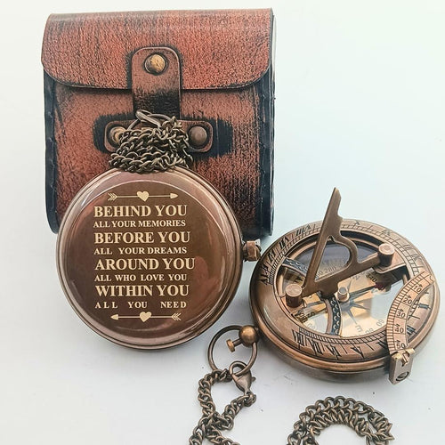 Behind You Engraved Brass Compass Gift for Men - Handcrafted Vintage Brass Sundial Compass – Antique Nautical Sun Clock with Leather Case - Best Graduation Gift - Best College Graduation Gift - Unique Gift Market