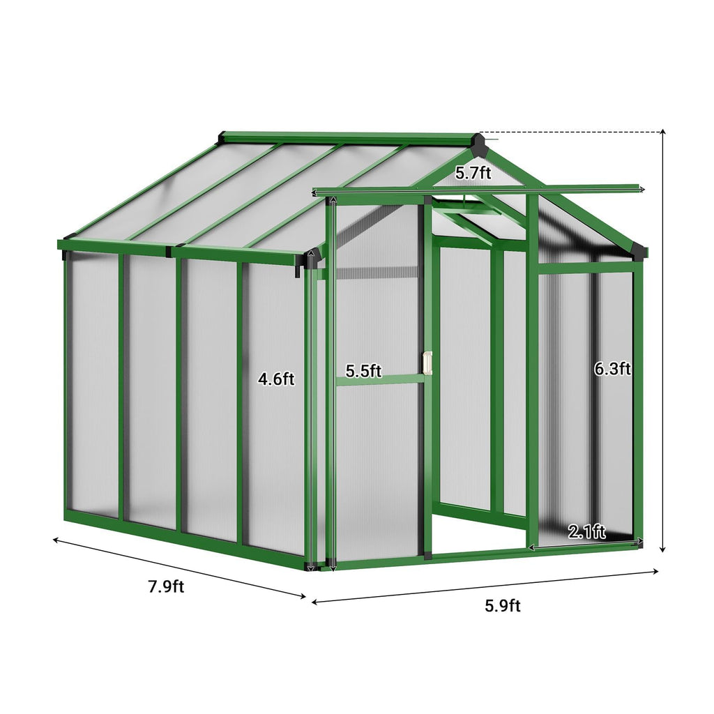 6×8FT Greenhouses for Outdoors, Aluminum Polycarbonate Greenhouses with Roof Vent - Heavy-Duty Walk-in Green Houses for All-Season Backyard Gardening