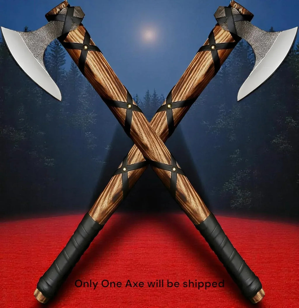 Poshland AX-7001 Custom Gift Forged Carbon Steel Viking Axe with Rose Wood Shaft, Double Edge Axe - Unique Gift Market