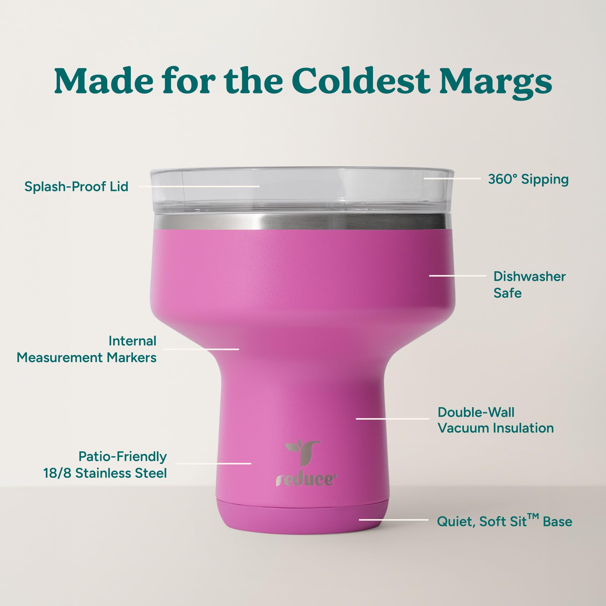 REDUCE Saltini 16 oz Cocktail Tumbler - Insulated Margarita Tumbler with Lid - Keeps Drinks Cold for 10 Hours - 360 Sippable Martini Glass Alternative - Shatterproof, Perfect for Parties - Sea Glass