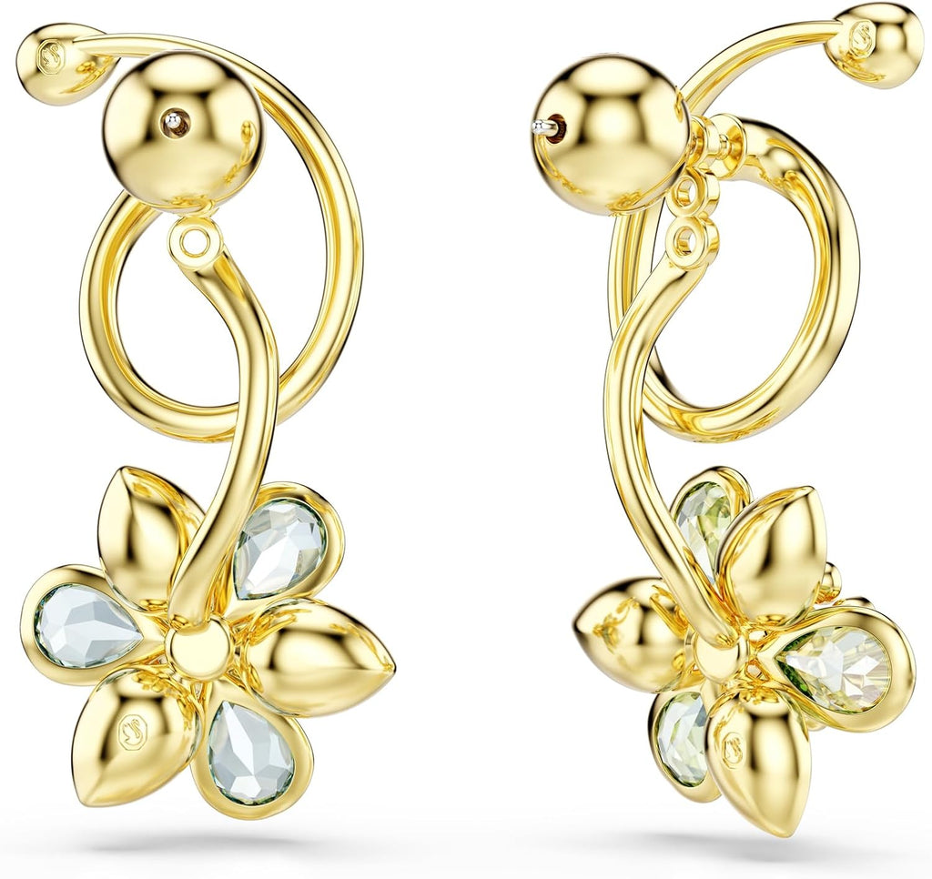 Swarovski Idyllia drop earrings, Asymmetrical design, Mixed cuts, Flower, Multicolored, Gold-tone finish