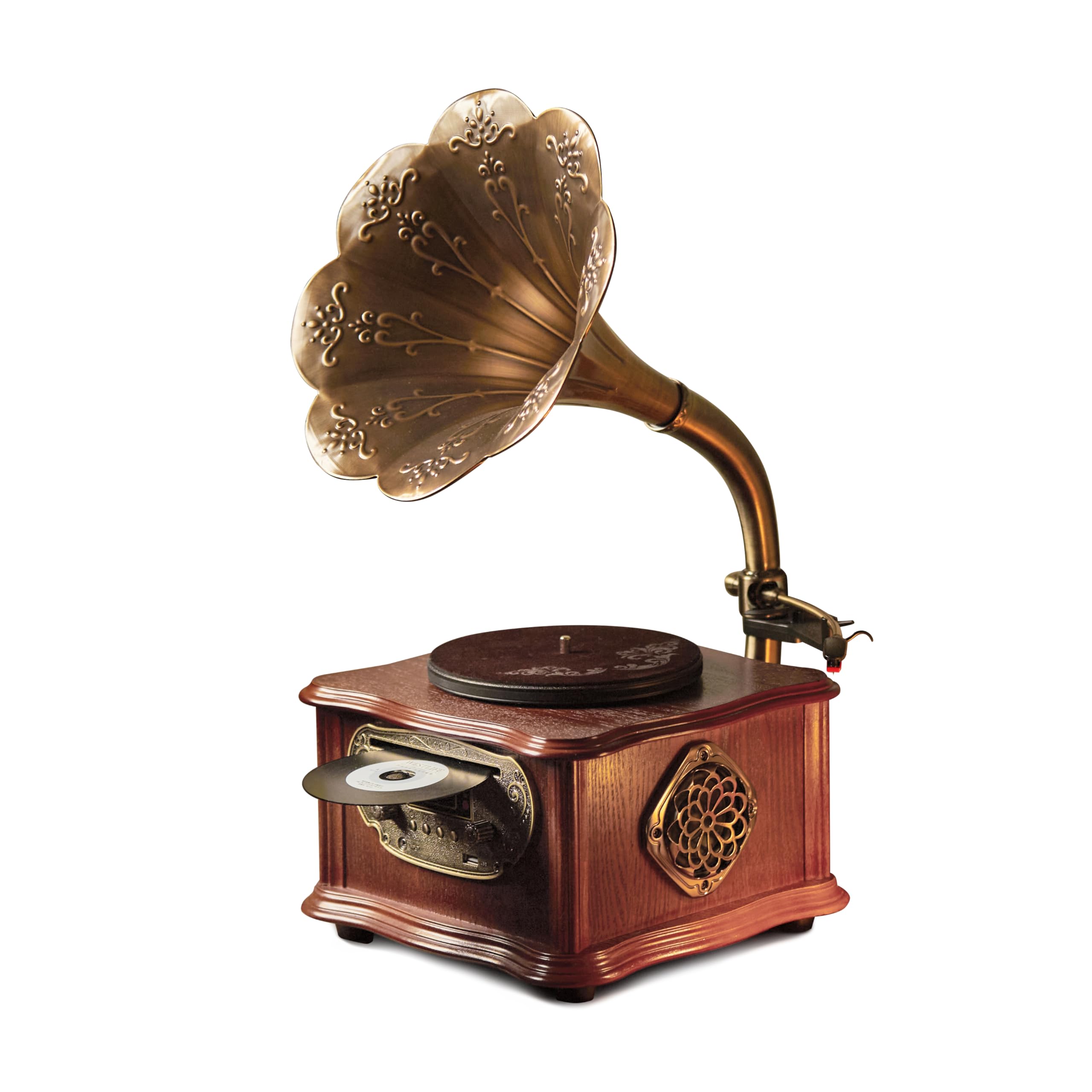 Mini Gramophone Vintage Copper Horn Record Player with Bluetooth, USB, AUX, FM Radio and Built-in Speakers for Gift Home Decor