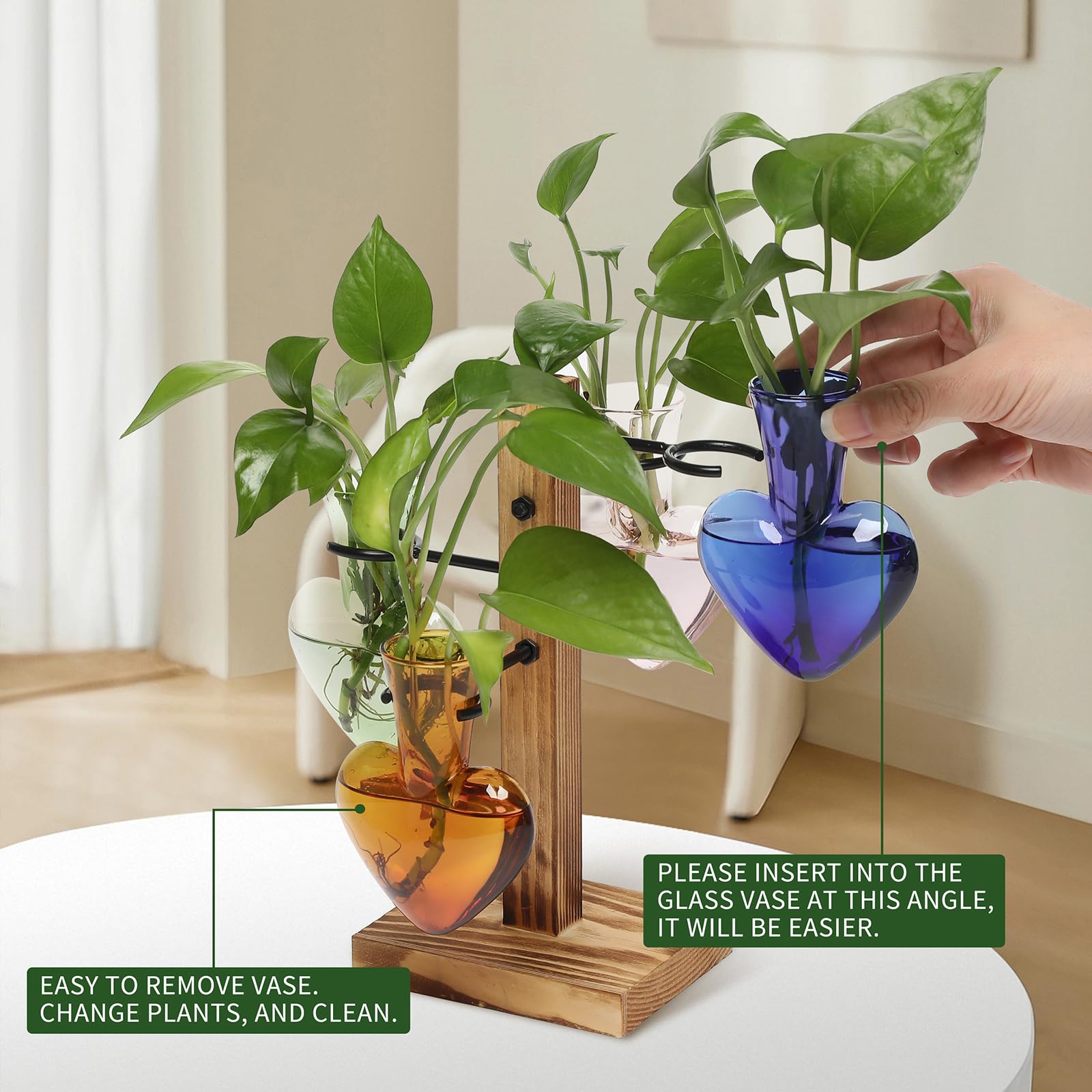 Plant Terrarium Propagation Stations with Wooden Stand, Glass Vase for Indoor Hydroponics Home Garden Office Decoration Gift for Women - 4 Love Bulb Vase