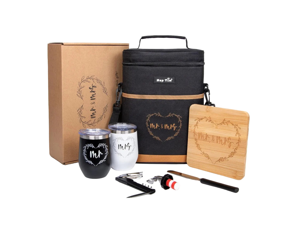 Hap Tim Wedding Gifts for Couples, Bridal Shower Gifts, Engagement Gifts for Newlyweds, Mr and Mrs gifts - Wine Cooler Bag Insulated Wine Carrier Tote with Tumblers, Bamboo Cheese Borad - Unique Gift Market