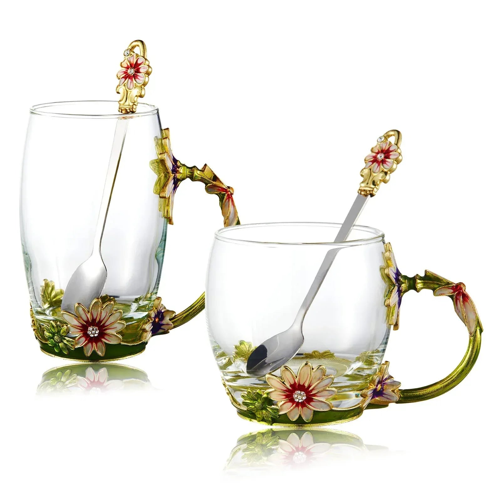 Tea Cup Glass Coffee Mugs,Fancy Tea Cup Set Birthday Christmas Valentine's Day Gift Idea for Tea Lover and Women Novelty Coffee Mugs Rose Flower Enamel Tea Cup Glass Mug with Spoon Set - Unique Gift Market