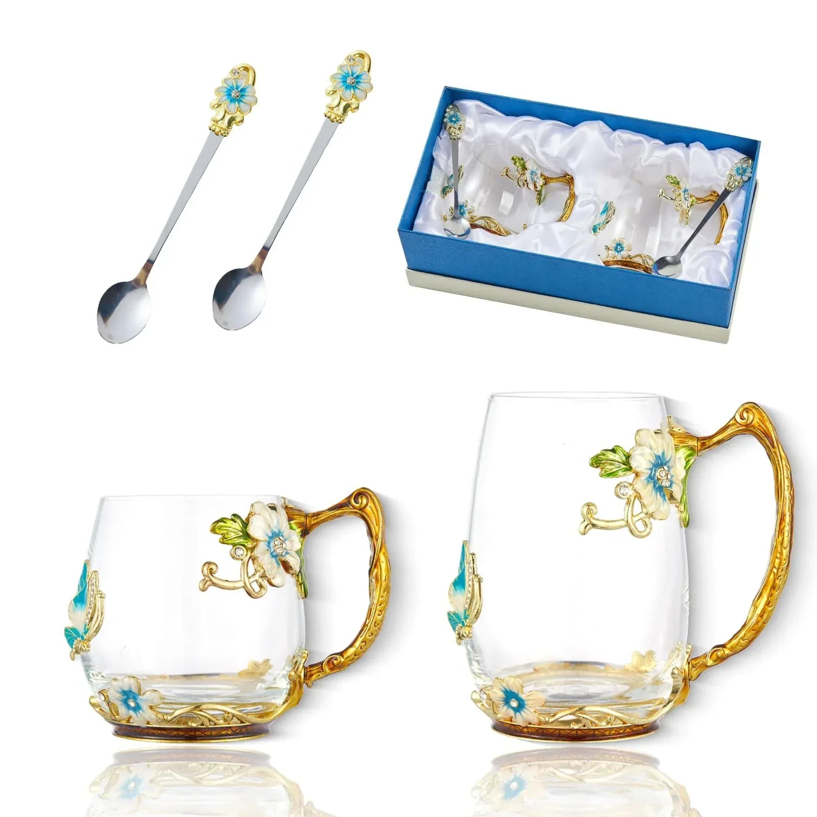 Tea Cup Glass Coffee Mugs,Fancy Tea Cup Set Birthday Christmas Valentine's Day Gift Idea for Tea Lover and Women Novelty Coffee Mugs Rose Flower Enamel Tea Cup Glass Mug with Spoon Set - Unique Gift Market