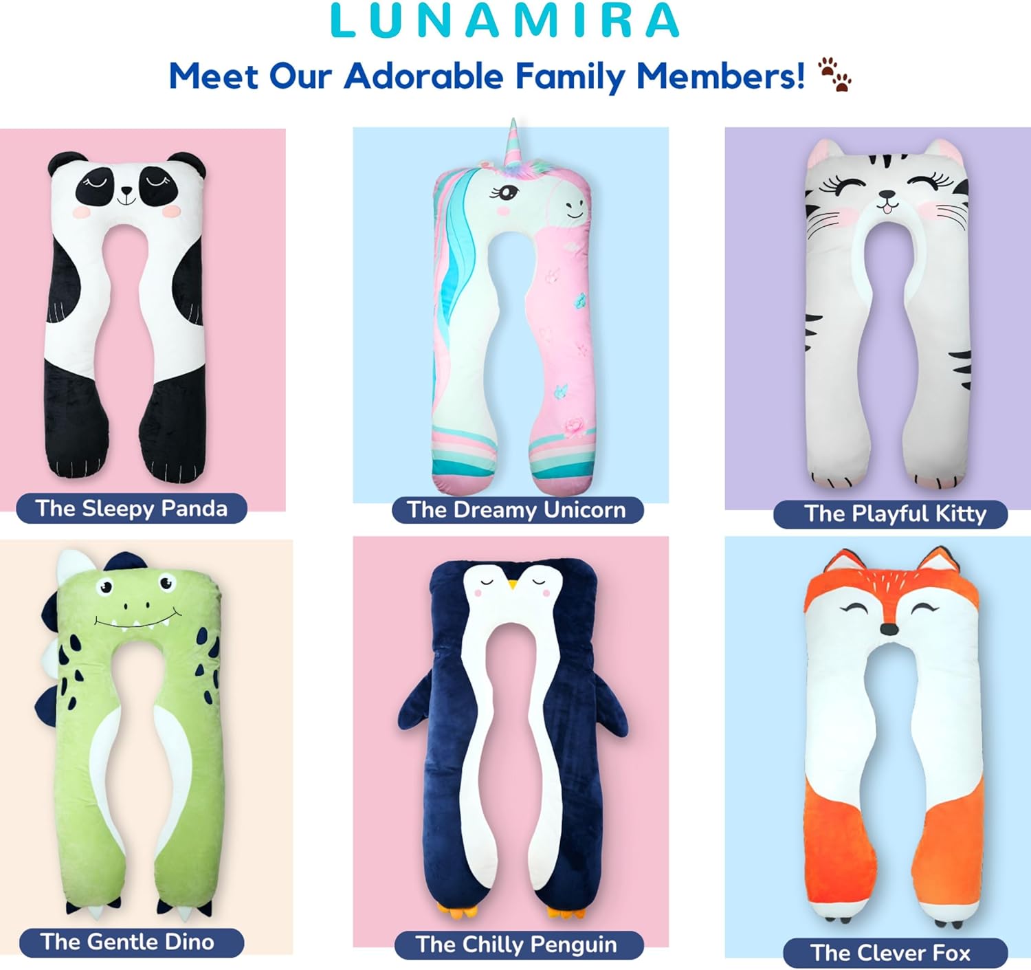 LUNAMIRA Unicorn Kids Body Pillow - 47" U-Shape Long Plush Soft Animal Pillow for Toddlers, Sleeping, Reading, ADHD & Special Needs Comfort, Anxiety, Washable Cover, Snuggle Cuddle for Boys & Girls