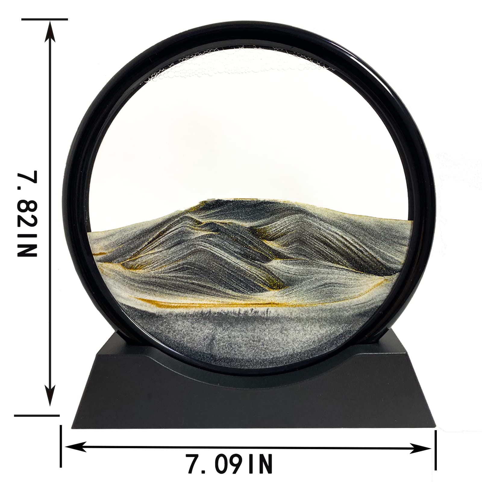 Moving Sand Art Picture - Sand Art Liquid Motion 3D Deep Sea Sandscape, Round Glass Frame Display Flowing Sand Relaxing Toy for Desktop Home Office Work Ocean Decor(Black, 7")