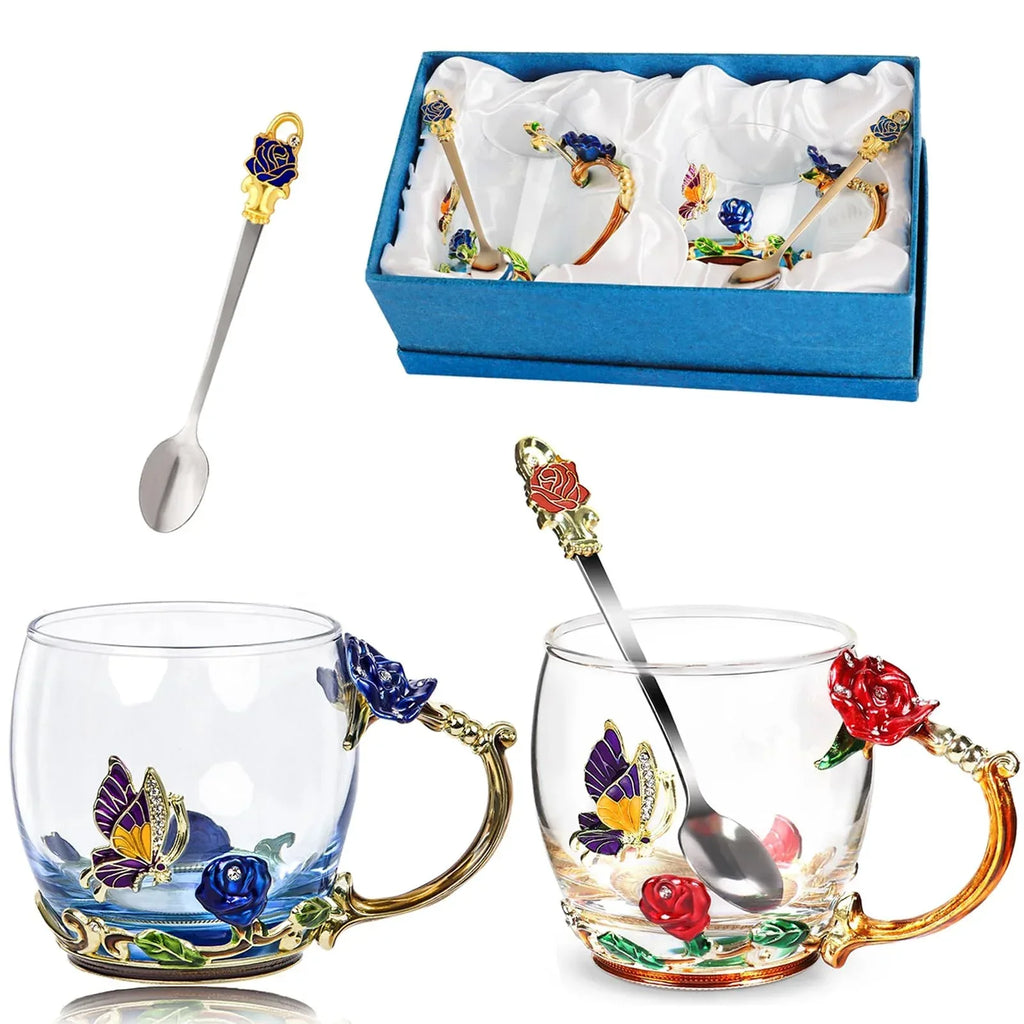 Tea Cup Glass Coffee Mugs,Fancy Tea Cup Set Birthday Christmas Valentine's Day Gift Idea for Tea Lover and Women Novelty Coffee Mugs Rose Flower Enamel Tea Cup Glass Mug with Spoon Set - Unique Gift Market