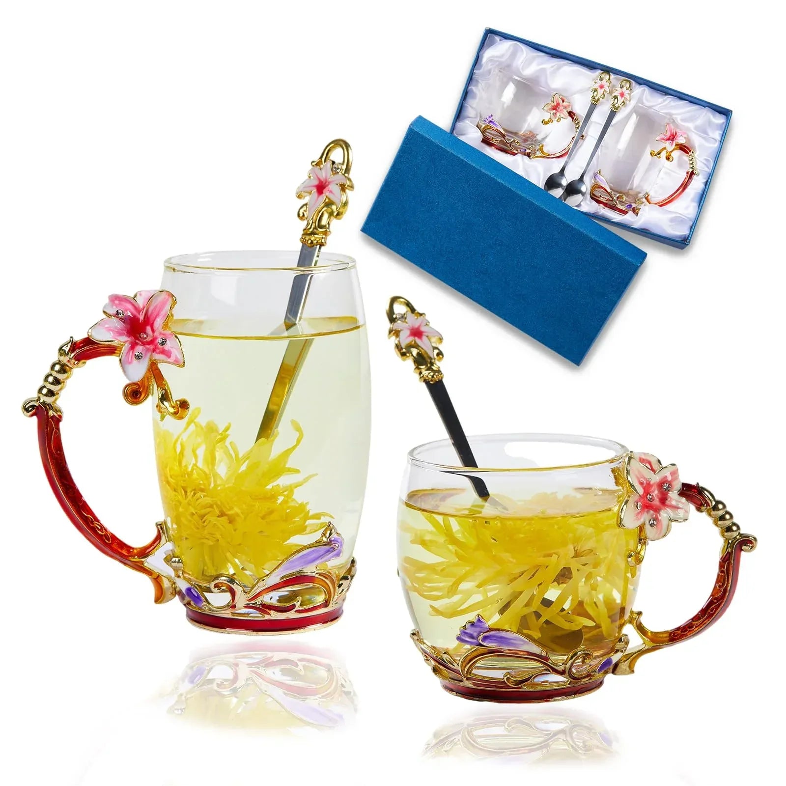 Tea Cup Glass Coffee Mugs,Fancy Tea Cup Set Birthday Christmas Valentine's Day Gift Idea for Tea Lover and Women Novelty Coffee Mugs Rose Flower Enamel Tea Cup Glass Mug with Spoon Set - Unique Gift Market