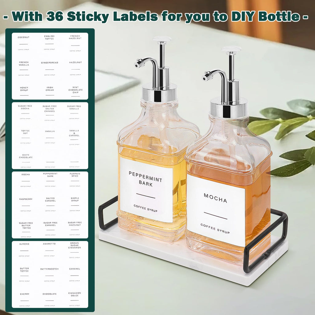 Coffee Syrup Dispenser for Coffee Bar, Clear Glass Syrup Bottles with Pump, Refillable Maple Syrup Storage, Coffee Station Accessories and Organizer, 500ml, Set of 2 + Tray (Gold)