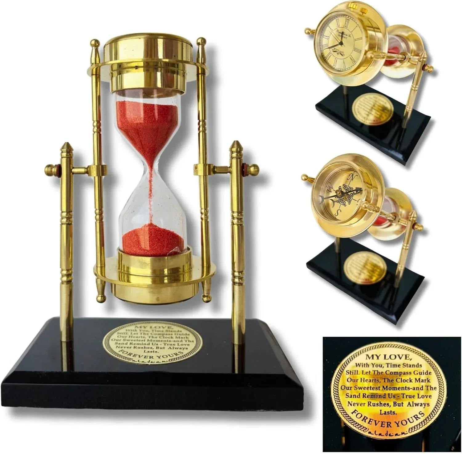 GUAAFA My Love Brass Sandtimer ClockCompass | Romantic Gift for Men Women, Husband Wife, Boyfriend Girlfriend - Engraved Quote - Unique Gift Market