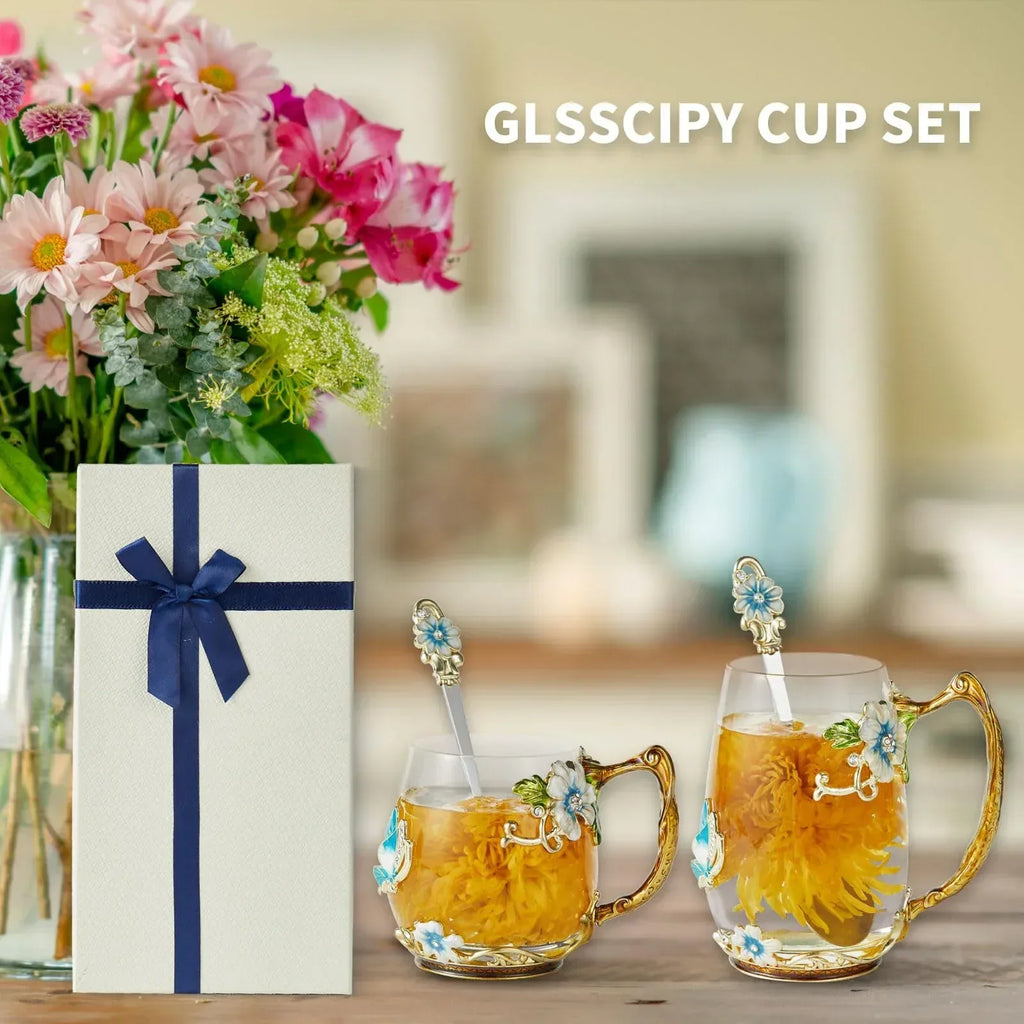 Tea Cup Glass Coffee Mugs,Fancy Tea Cup Set Birthday Christmas Valentine's Day Gift Idea for Tea Lover and Women Novelty Coffee Mugs Rose Flower Enamel Tea Cup Glass Mug with Spoon Set - Unique Gift Market