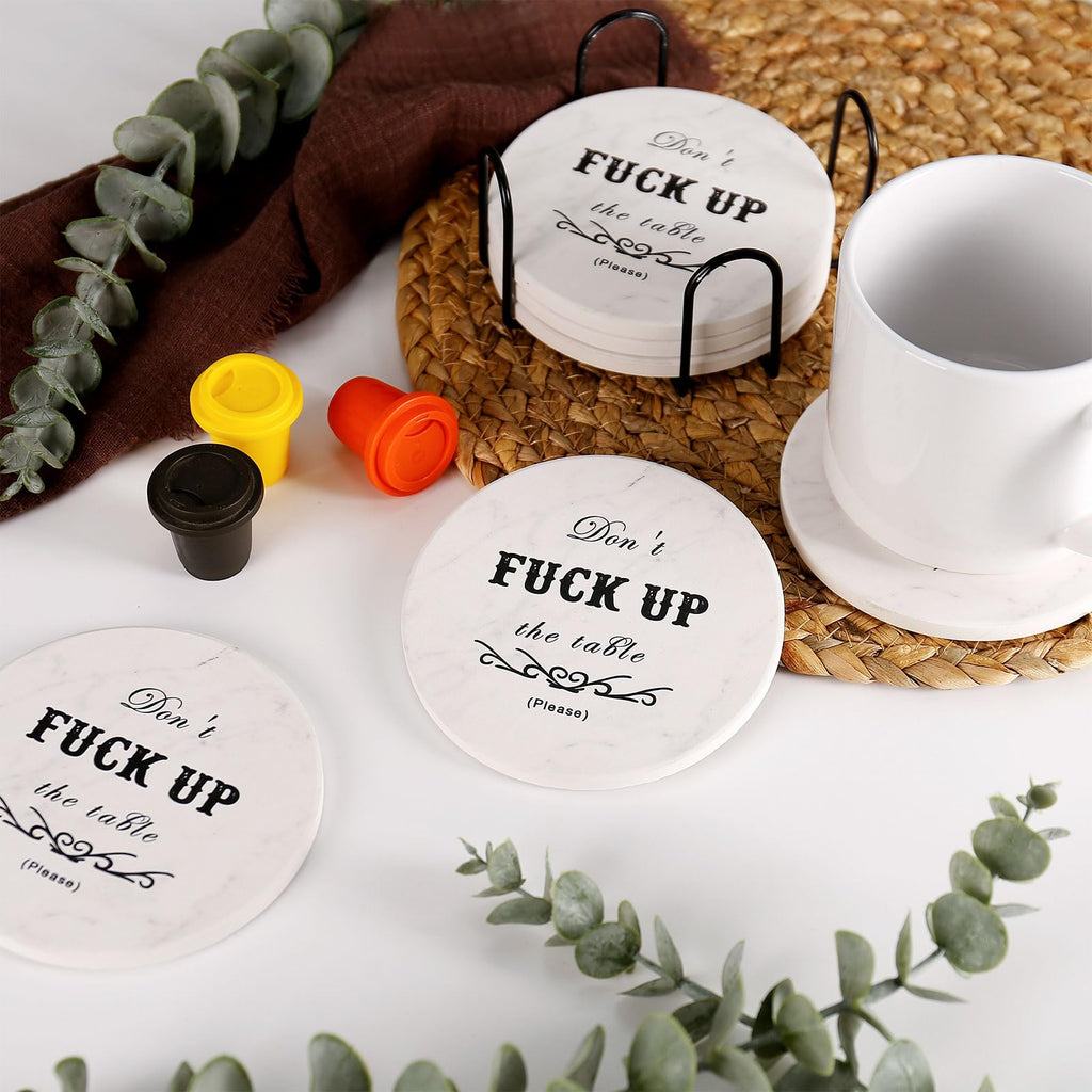 Funny Drink Coasters Ceramic Absorbent Coasters, Don't up The Table Unique Stone Drink Coaster with Cork Back for Coffee Table, Living Room, Family and Friends (Round-White, 6)