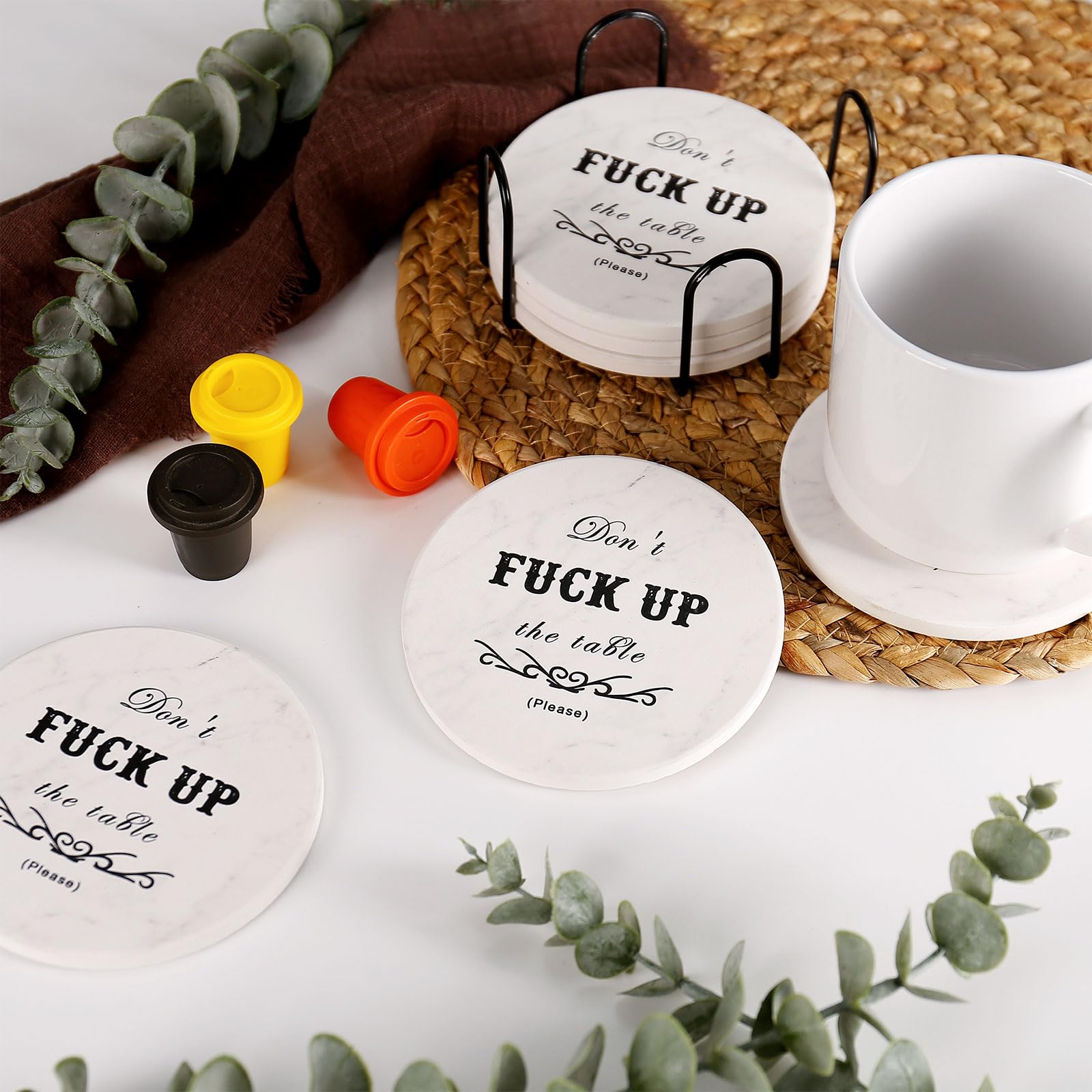 Funny Drink Coasters Ceramic Absorbent Coasters, Don't up The Table Unique Stone Drink Coaster with Cork Back for Coffee Table, Living Room, Family and Friends (Round-White, 6)