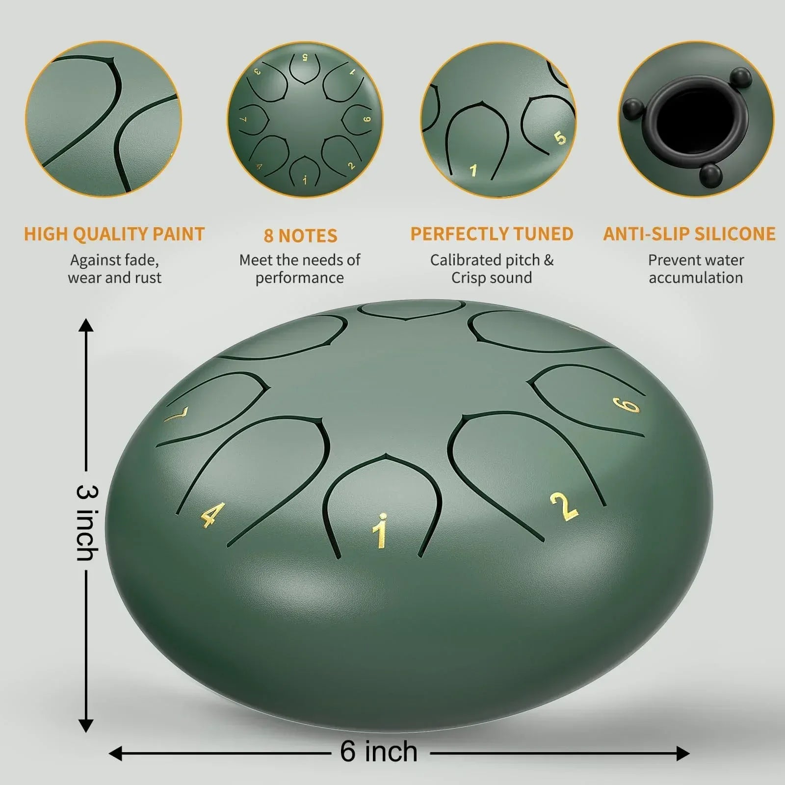 Rain Drum for Outside Garden, 6 Inches 8 Notes Steel Tongue Chakra Drums, Waterproof Meditation Rain Chime, Musical Instruments for Adult Gift with Bag, Music Book, Drum Mallets (Green) - Unique Gift Market