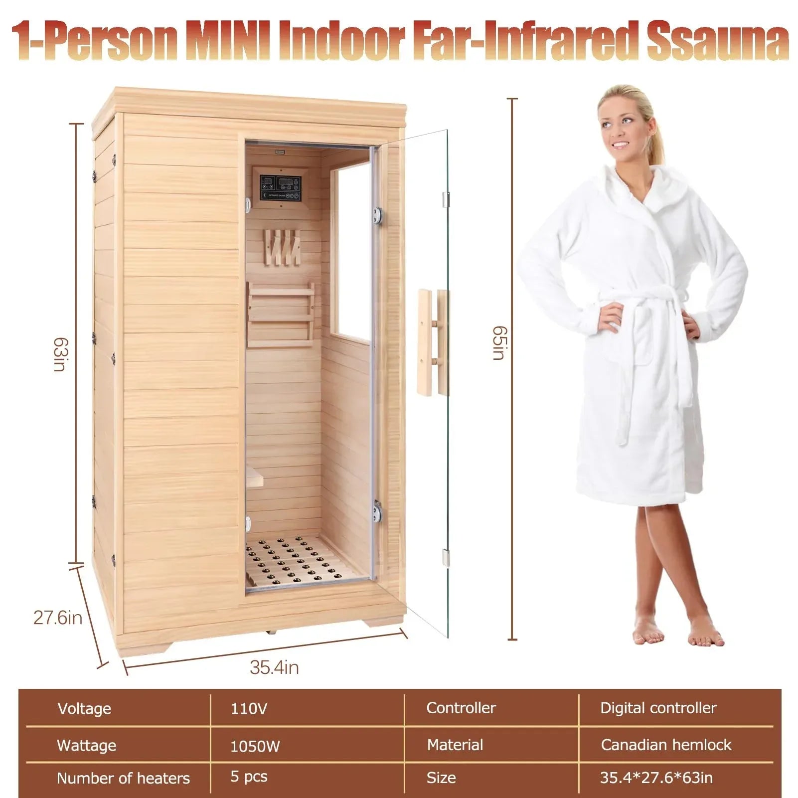 Far Infrared Sauna for 1 Person - 1050W Fast Heating, Canadian Hemlock Wood Home Sauna with Bluetooth Speaker, Chromotherapy & Oxygen Ionizer Easy Assembly Indoor Sauna for Relaxation, Detox, Home Gym - Unique Gift Market