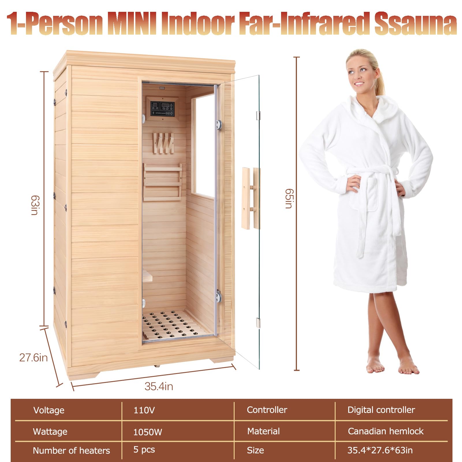 Far Infrared Sauna for 1 Person - 1050W Fast Heating, Canadian Hemlock Wood Home Sauna with Bluetooth Speaker, Chromotherapy & Oxygen Ionizer Easy Assembly Indoor Sauna for Relaxation, Detox, Home Gym