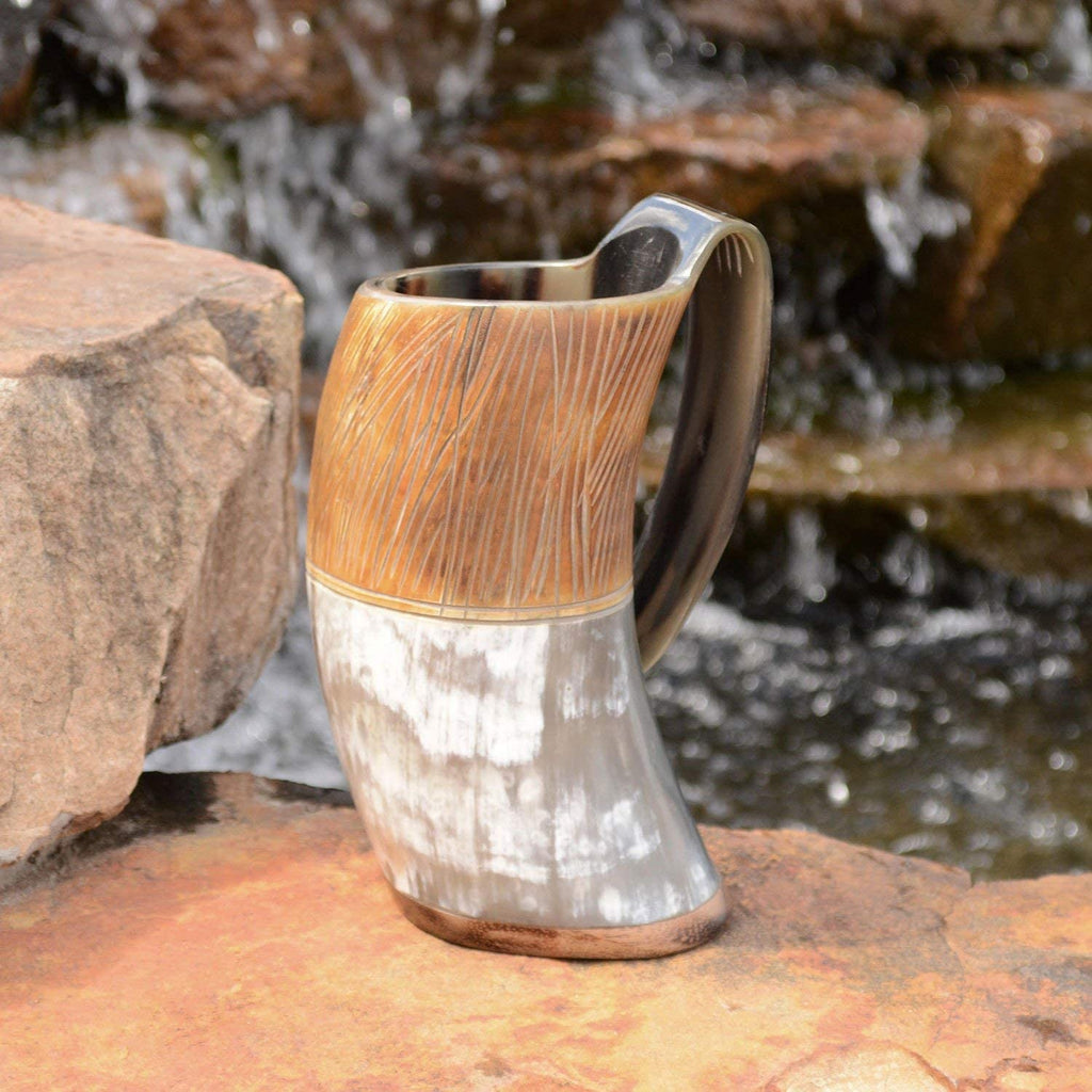 Norse Tradesman Original LG Viking Drinking Horn Mug - 100% Authentic Beer Horn Tankard With Natural Surface & Burlap Gift Sack | The Original, Low Polish, approx. 16 oz