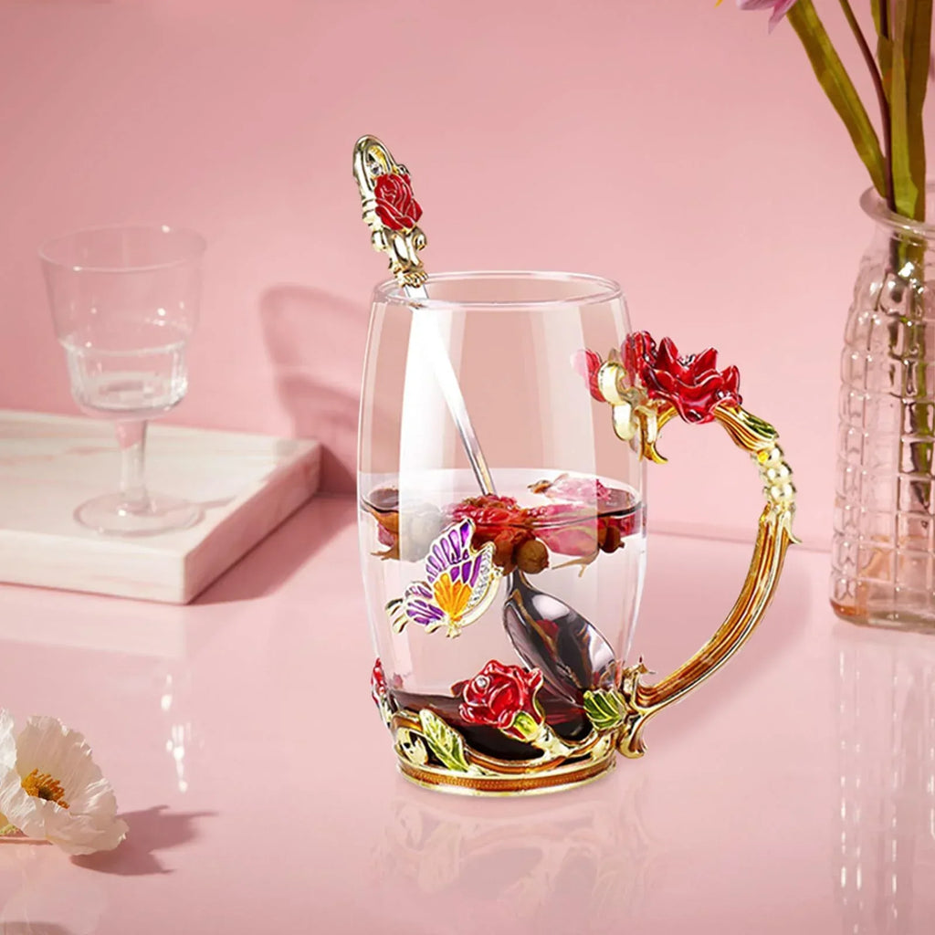 Tea Cup Glass Coffee Mugs,Fancy Tea Cup Set Birthday Christmas Valentine's Day Gift Idea for Tea Lover and Women Novelty Coffee Mugs Rose Flower Enamel Tea Cup Glass Mug with Spoon Set - Unique Gift Market