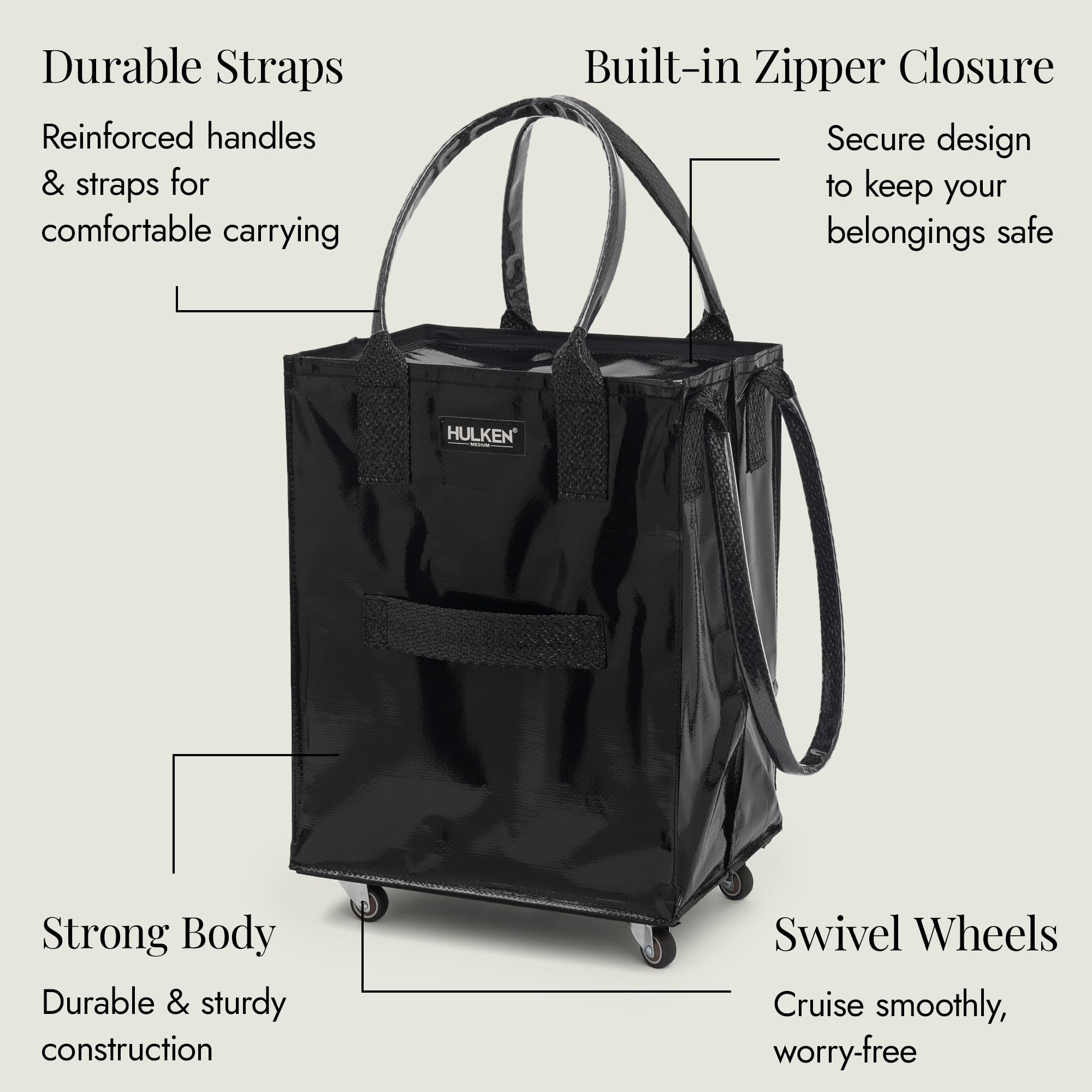 (Medium, Rose Gold) Reusable Grocery Bag On Wheels, Shopping Trolley, Rolling Tote, Zipper Closure, Lightweight, Carries Up to 66 lb, Folds Flat, Unbreakable Handles