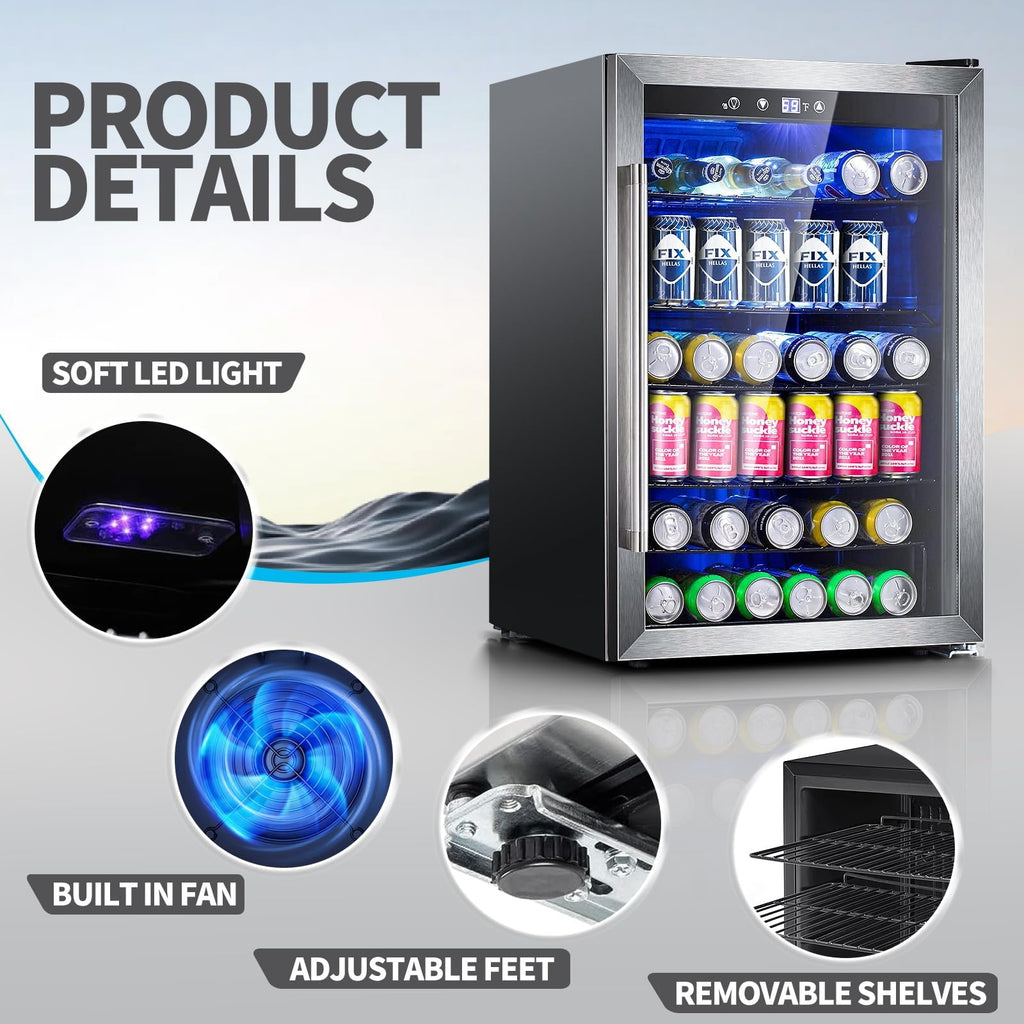 Antarctic Star 18L Beverage Refrigerator Cooler 24Can, Mini Fridge with Quiet Compressor, LED Light,Freestanding Small Fridge with Electronic Temperature Control for Home and Bar(40-61 ℉)