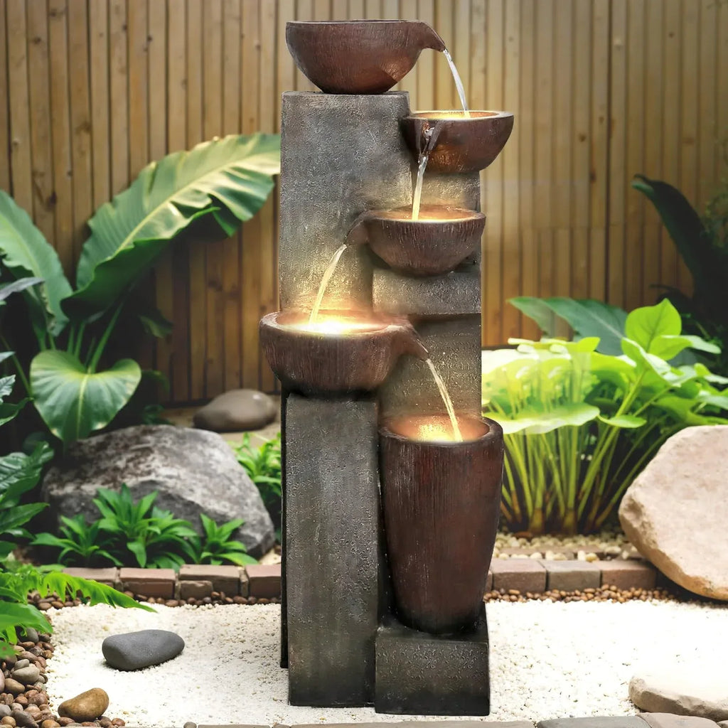Naturefalls 40" Tall Outdoor Water Fountain and Waterfalls - Large Garden Fountain with LED Lights, 4-Tier Crocks, Indoor and Outdoor Fountains for Garden, Patio, Deck, Porch, Backyard and Home, Gray - Unique Gift Market