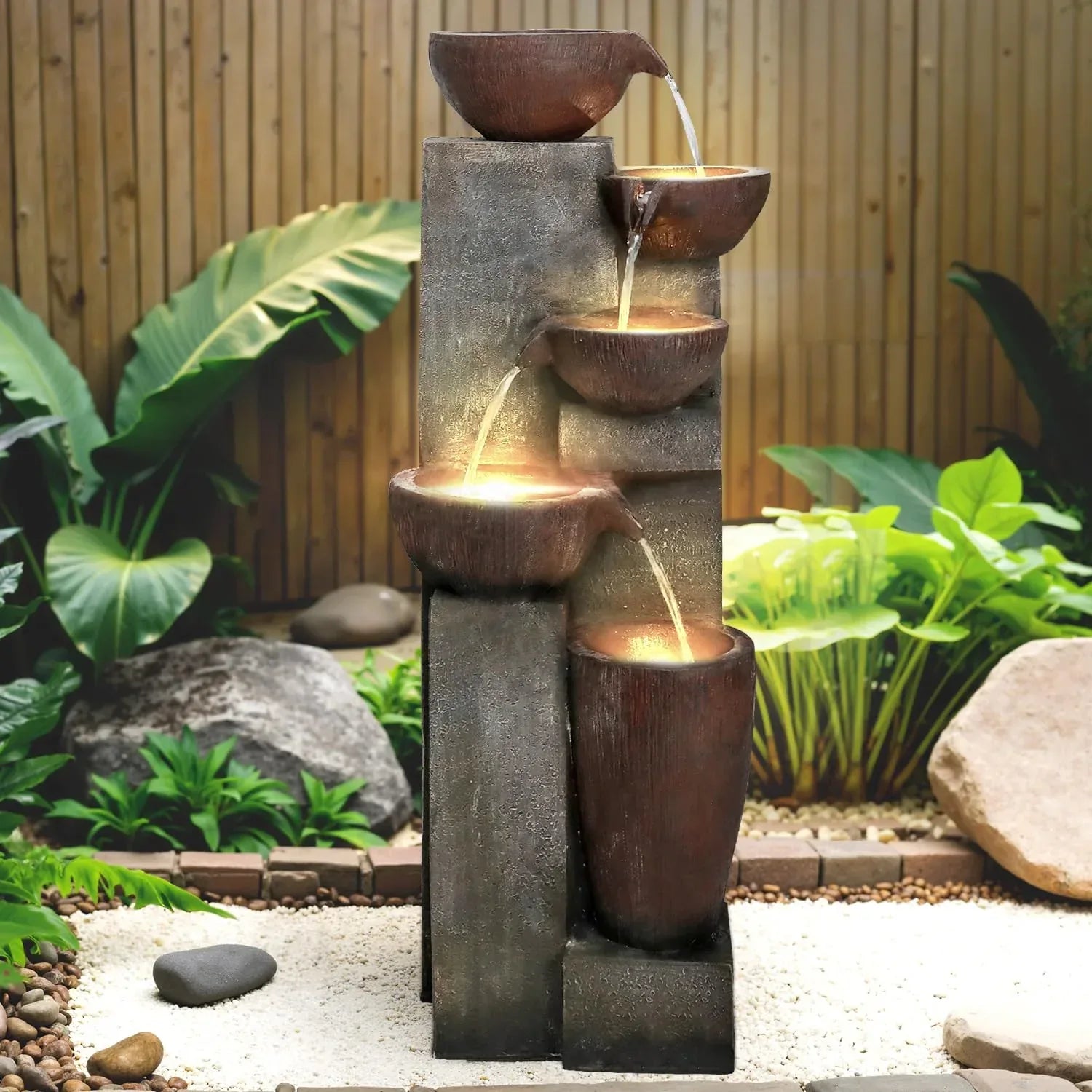 Naturefalls 40" Tall Outdoor Water Fountain and Waterfalls - Large Garden Fountain with LED Lights, 4-Tier Crocks, Indoor and Outdoor Fountains for Garden, Patio, Deck, Porch, Backyard and Home, Gray - Unique Gift Market