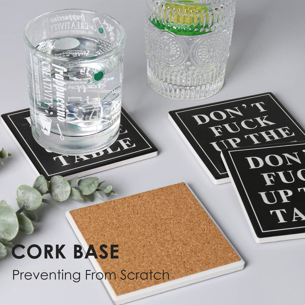 Funny Drink Coasters Ceramic Absorbent Coasters, Don't up The Table Unique Stone Drink Coaster with Cork Back for Coffee Table, Living Room, Family and Friends (Round-White, 6)