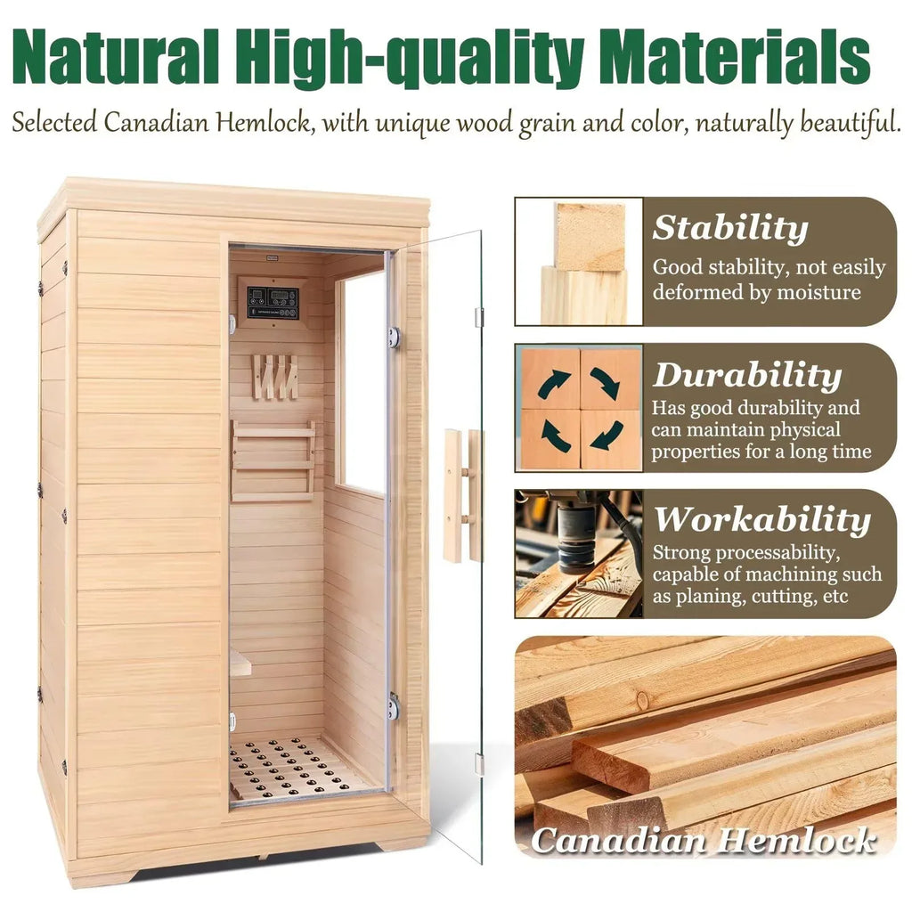 Far Infrared Sauna for 1 Person - 1050W Fast Heating, Canadian Hemlock Wood Home Sauna with Bluetooth Speaker, Chromotherapy & Oxygen Ionizer Easy Assembly Indoor Sauna for Relaxation, Detox, Home Gym - Unique Gift Market