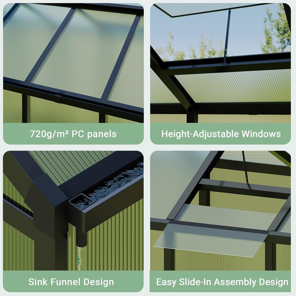 6×8FT Greenhouses for Outdoors, Aluminum Polycarbonate Greenhouses with Roof Vent - Heavy-Duty Walk-in Green Houses for All-Season Backyard Gardening