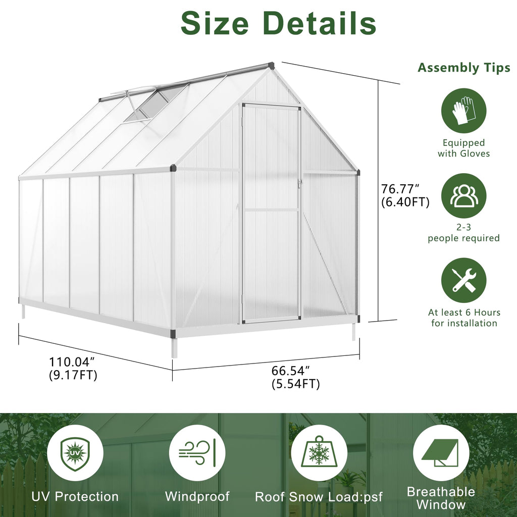 6’ x 9’ Greenhouse for Outdoors, Windproof Robust Aluminum Walk-in Greenhouse with Roof Vent Window for Garden, Backyards Plants, Easy Assembly, Silver