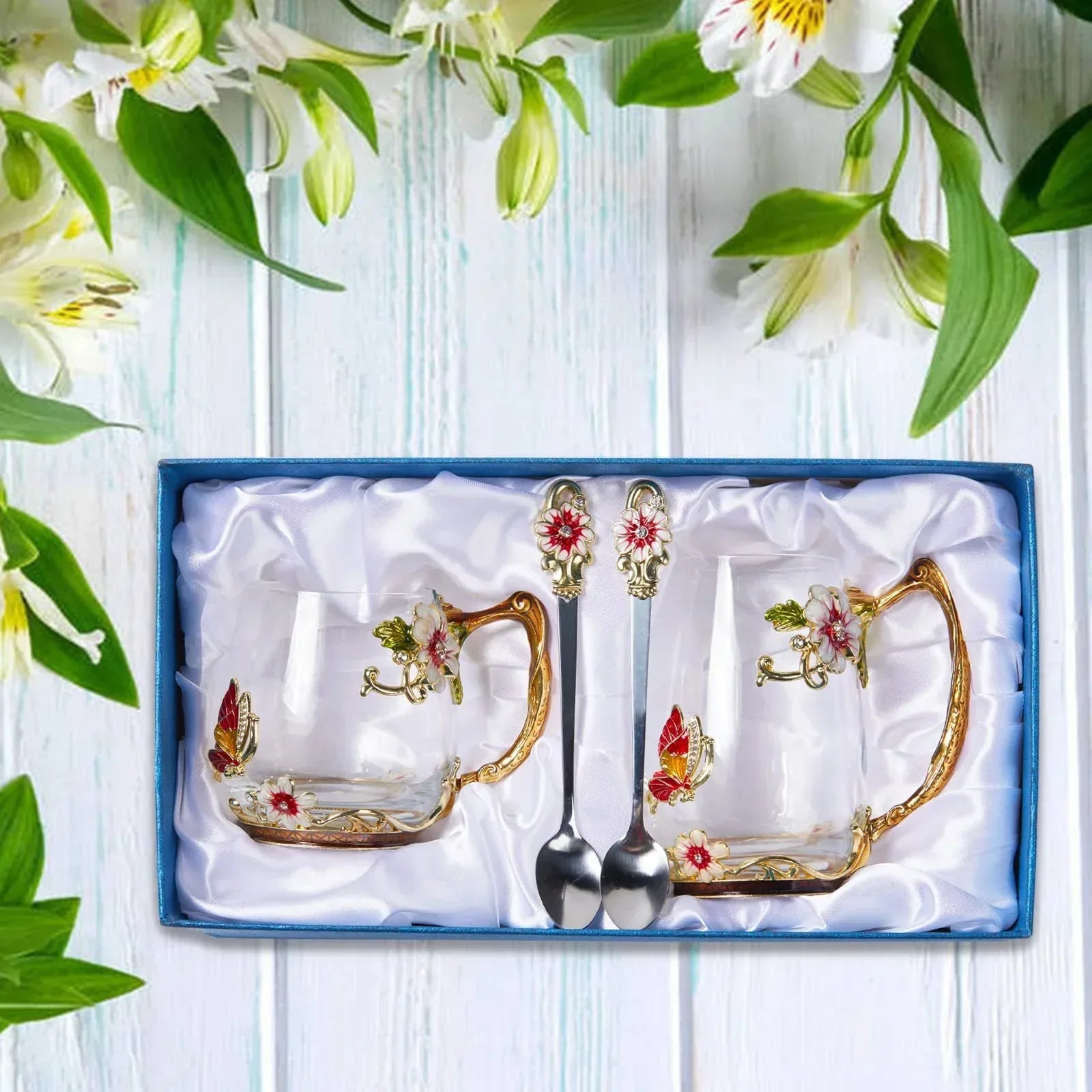 Tea Cup Glass Coffee Mugs,Fancy Tea Cup Set Birthday Christmas Valentine's Day Gift Idea for Tea Lover and Women Novelty Coffee Mugs Rose Flower Enamel Tea Cup Glass Mug with Spoon Set - Unique Gift Market