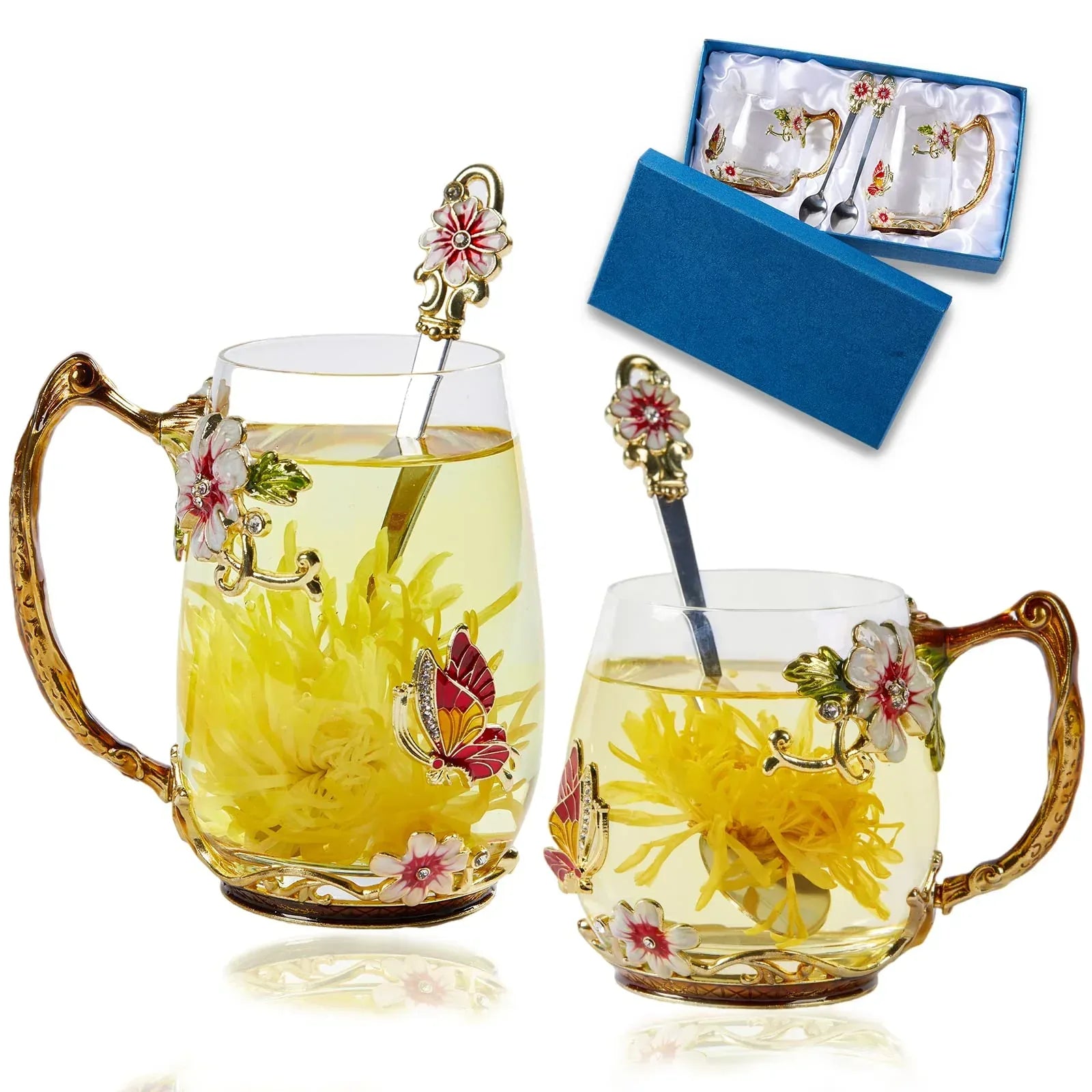Tea Cup Glass Coffee Mugs,Fancy Tea Cup Set Birthday Christmas Valentine's Day Gift Idea for Tea Lover and Women Novelty Coffee Mugs Rose Flower Enamel Tea Cup Glass Mug with Spoon Set - Unique Gift Market