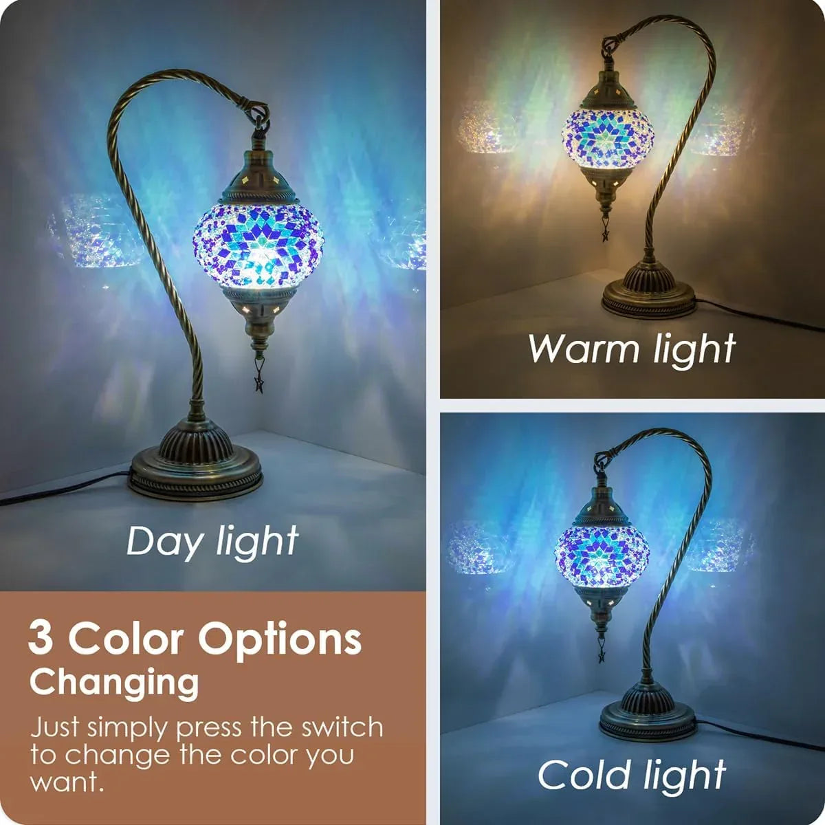 Yarra-Decor Turkish Moroccan Lamp with Bronze Base 3 Color Options Handmade Swan Neck Tiffany Mosaic Glass Bedside Lamps for Bedroom (LED Bulb Included) - Unique Gift Market